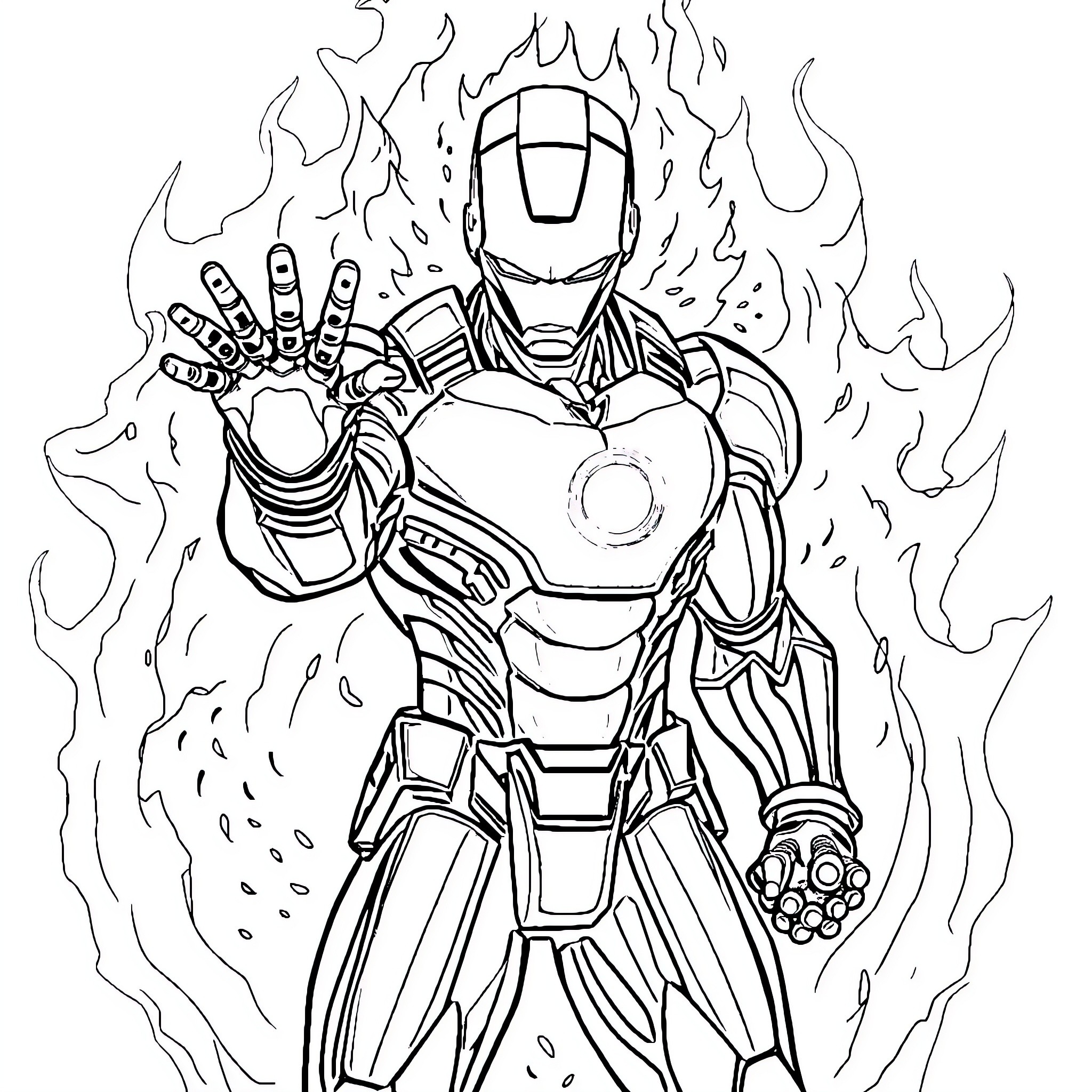 Iron Man Heroic Pose in Fiery Scene Coloring Page (free black-and-white line drawing printable PDF for all, from beginners to advanced learners, including children, teens, adults, and seniors)