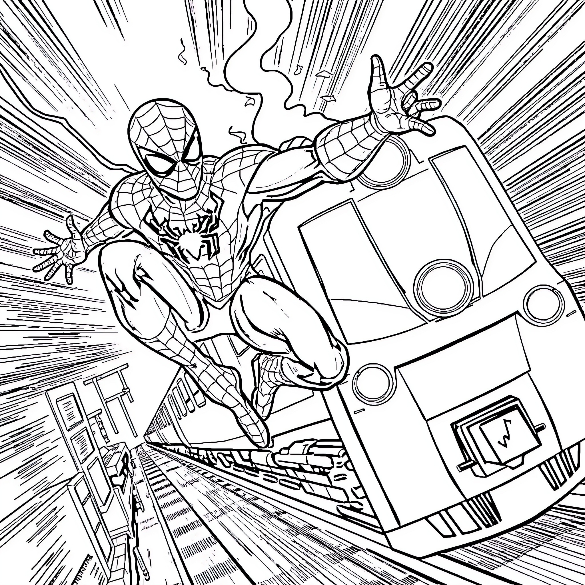 Spiderman Swinging into Action with Robotic Assistance Coloring Page (free black-and-white line drawing printable PDF for all, from beginners to advanced learners, including children, teens, adults, and seniors)