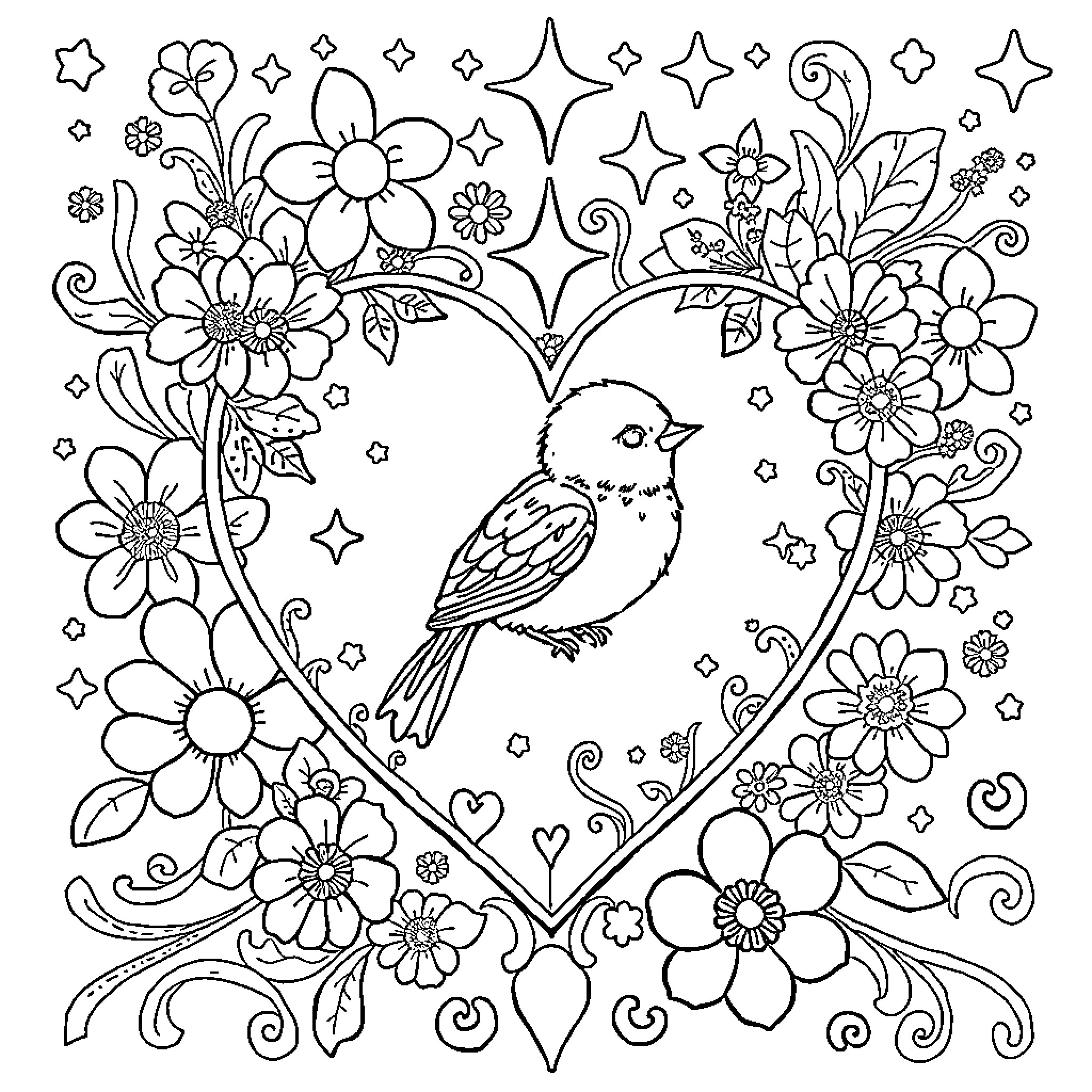 Bird surrounded by colorful floral designs Coloring Page (free black-and-white line drawing printable PDF for all, from beginners to advanced learners, including children, teens, adults, and seniors)