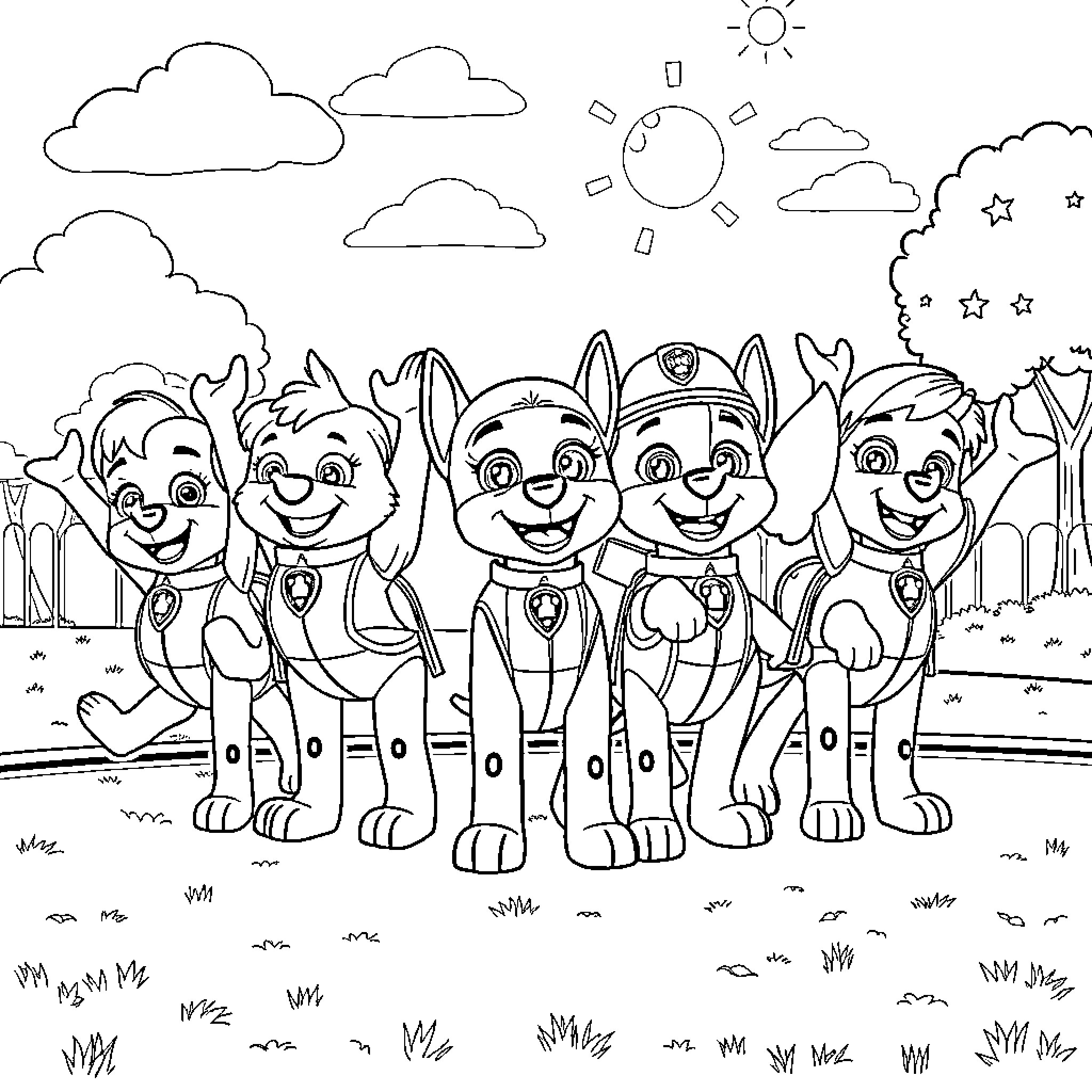 Paw Patrol characters in an outdoor scene Coloring Page (free black-and-white line drawing printable PDF for all, from beginners to advanced learners, including children, teens, adults, and seniors)