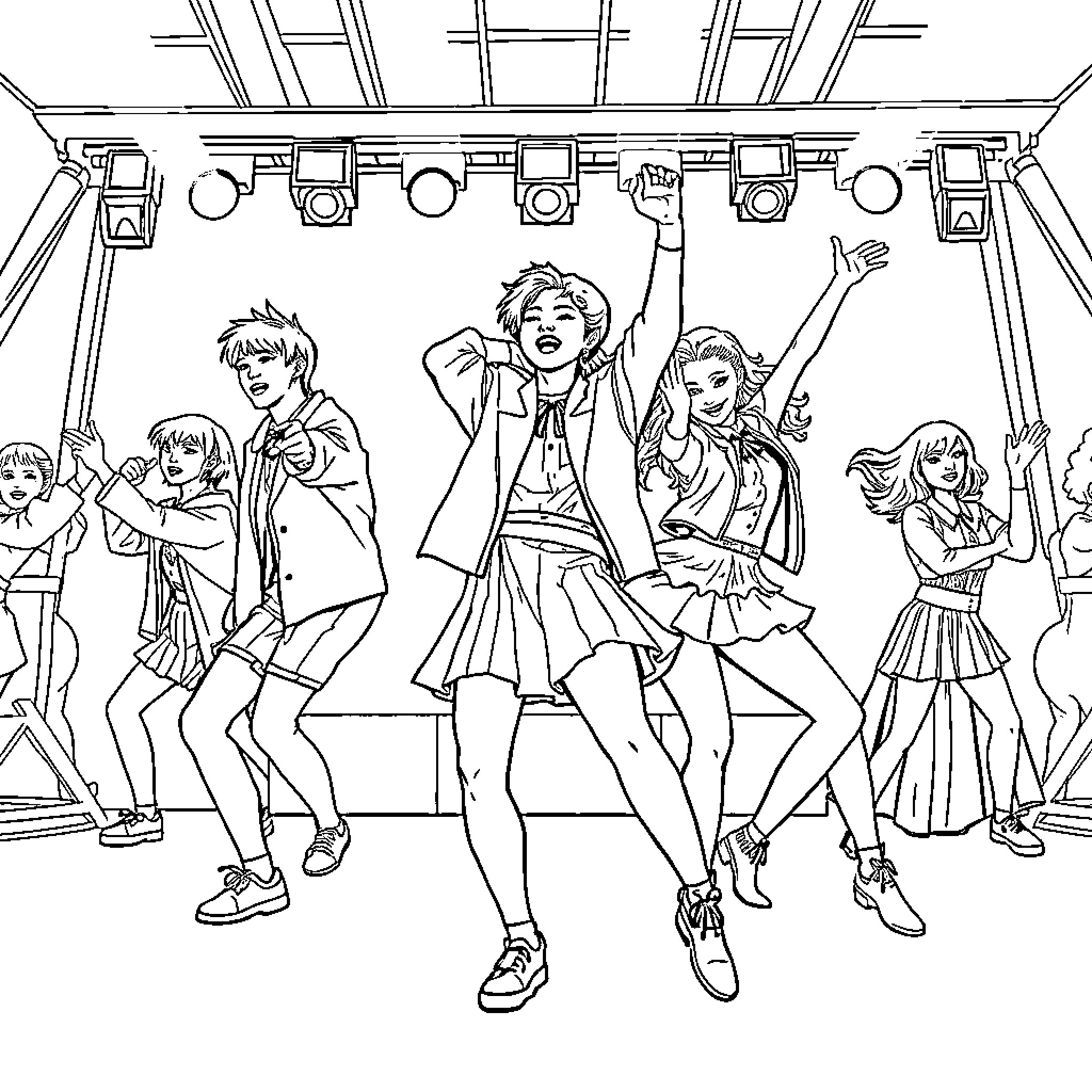 K Pop Group Performing Energetic Dance on Stage Coloring Page (free black-and-white line drawing printable PDF for all, from beginners to advanced learners, including children, teens, adults, and seniors)
