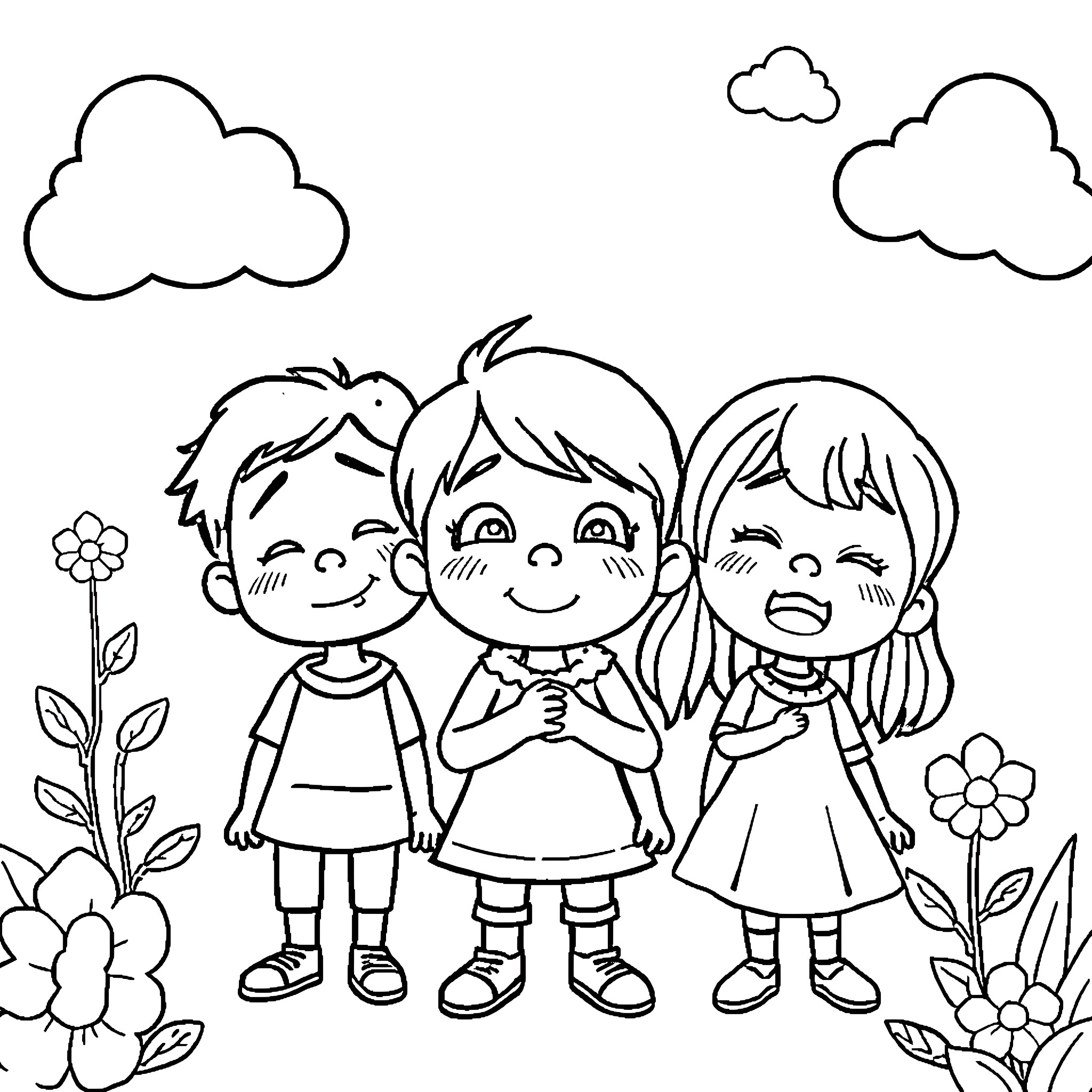 Emotion of Playful Children in Nature Coloring Page (free black-and-white line drawing printable PDF for all, from beginners to advanced learners, including children, teens, adults, and seniors)