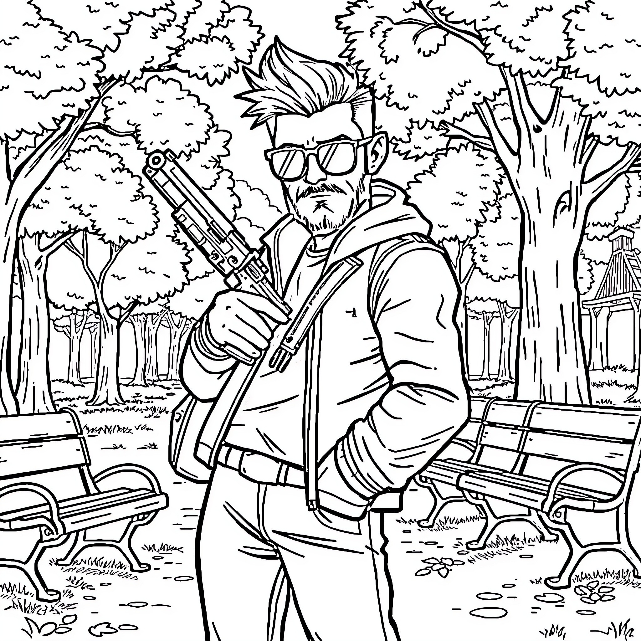 Lookism Character Carrying Weapon in Park Scenery Coloring Page (free black-and-white line drawing printable PDF for all, from beginners to advanced learners, including children, teens, adults, and seniors)