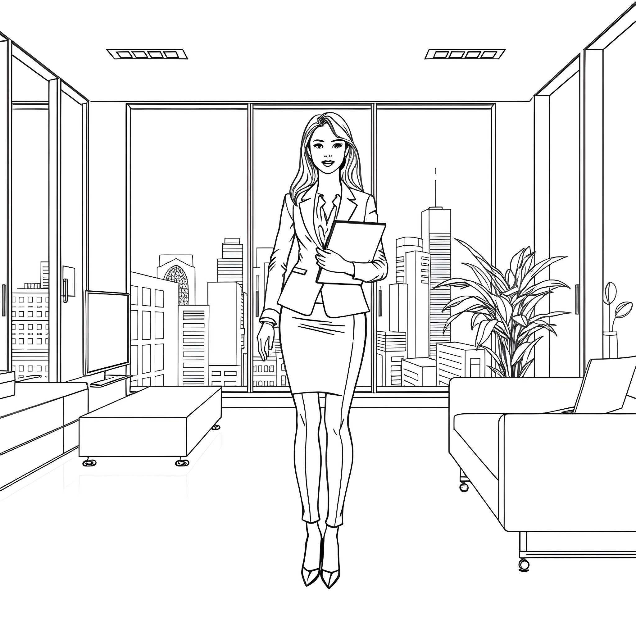 Business Woman Standing Confidently in Office Coloring Page (free black-and-white line drawing printable PDF for all, from beginners to advanced learners, including children, teens, adults, and seniors)