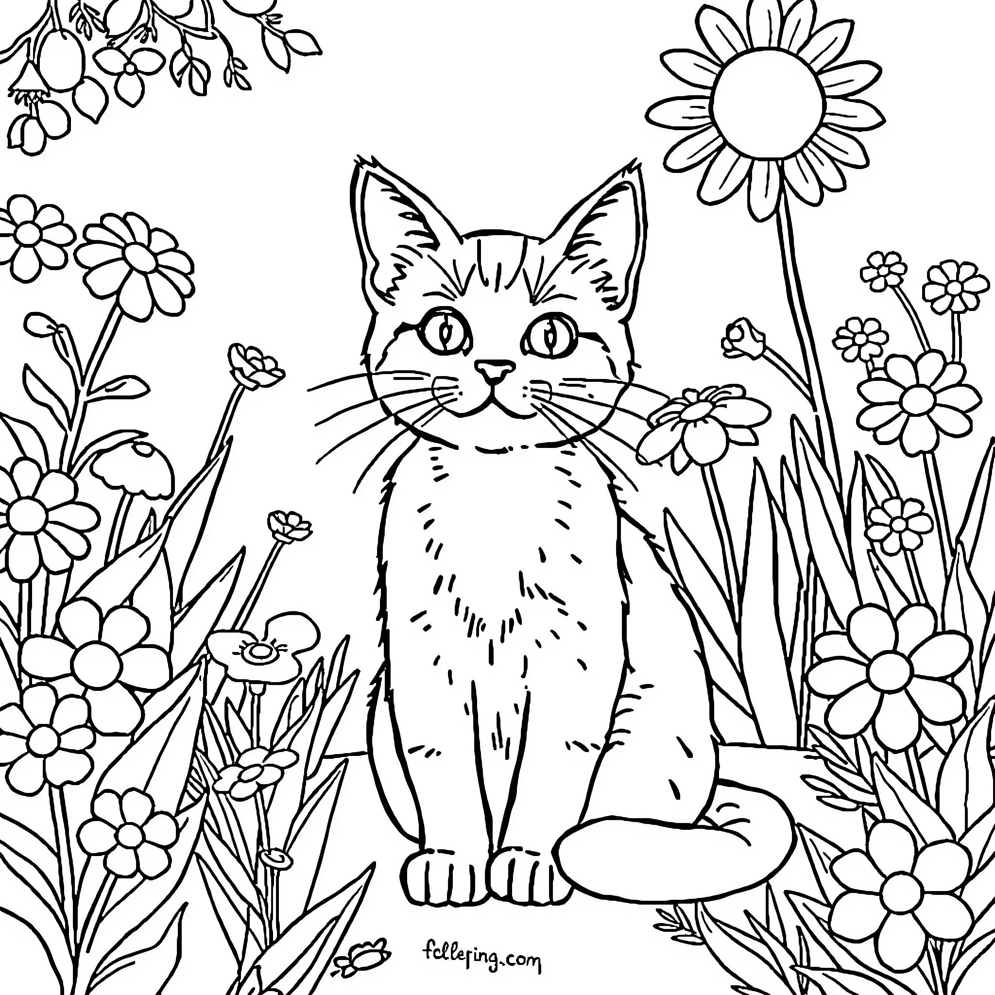 Cat relaxing in a floral garden Coloring Page (free black-and-white line drawing printable PDF for all, from beginners to advanced learners, including children, teens, adults, and seniors)