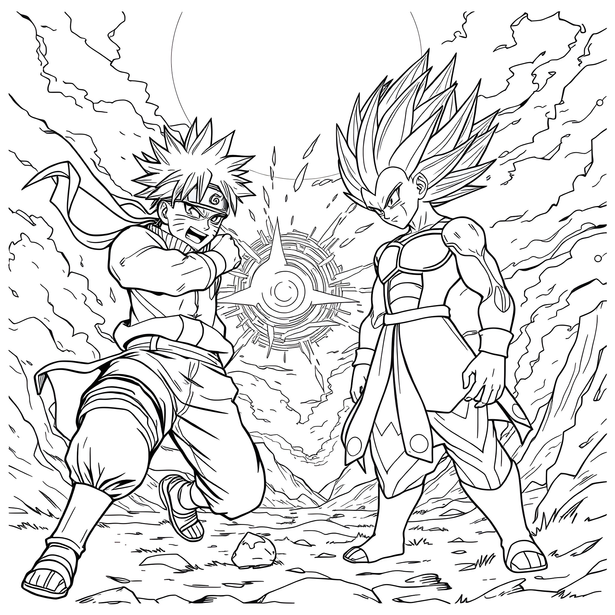 Naruto and Sasuke's Fierce Battle Coloring Page (free black-and-white line drawing printable PDF for all, from beginners to advanced learners, including children, teens, adults, and seniors)