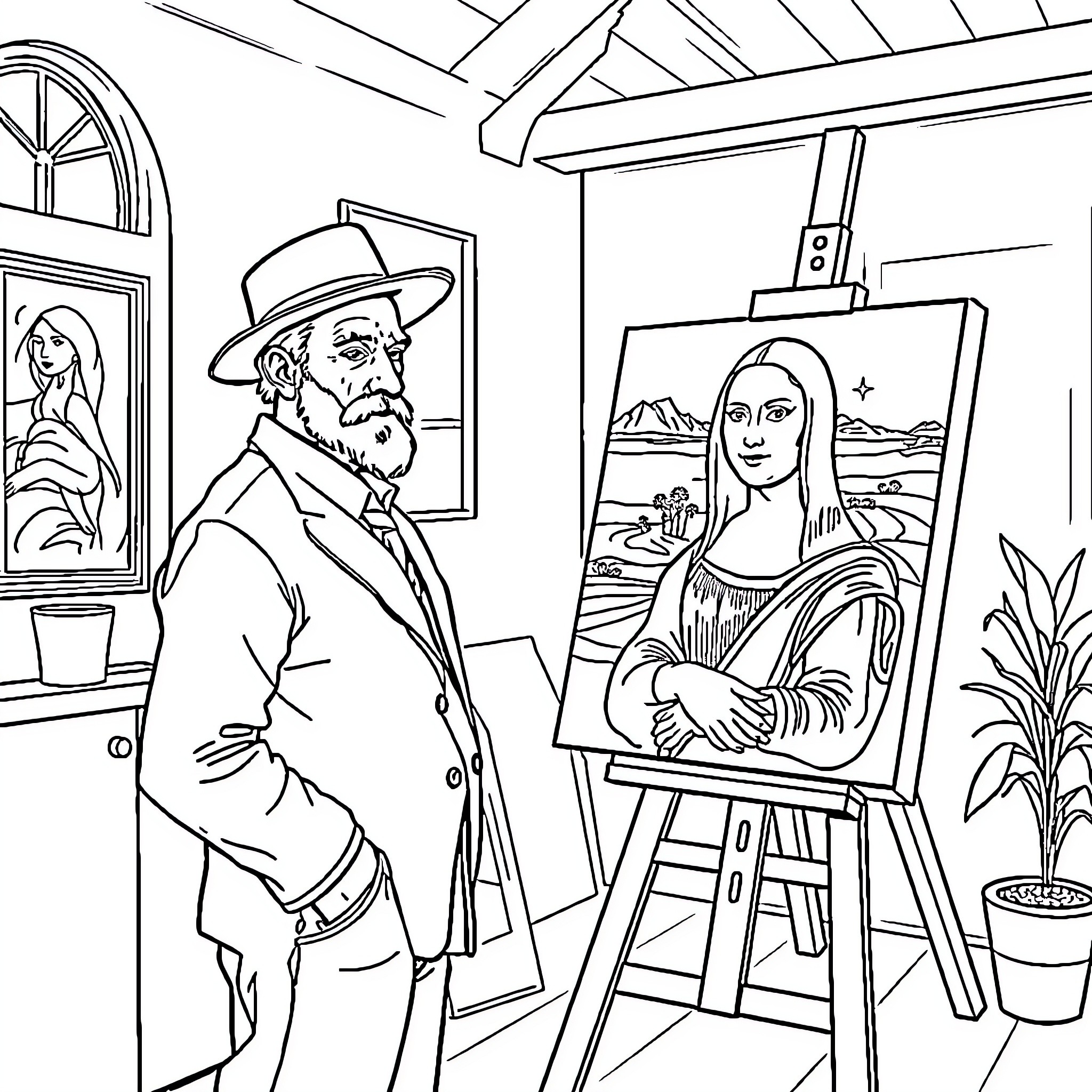 Vincent van Gogh observing the Mona Lisa painting Coloring Page (free black-and-white line drawing printable PDF for all, from beginners to advanced learners, including children, teens, adults, and seniors)