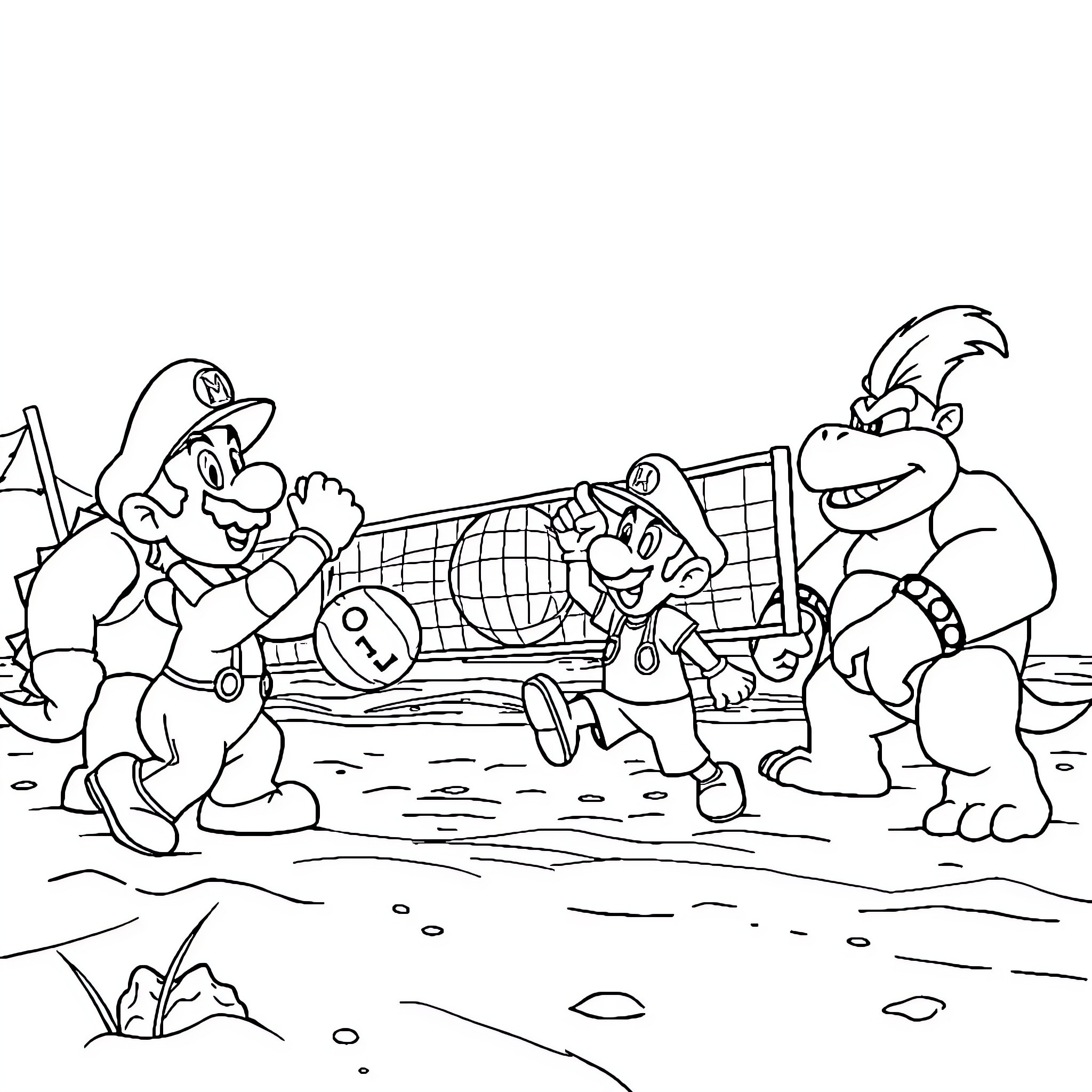 Mario and friends playing volleyball on the beach Coloring Page (free black-and-white line drawing printable PDF for all, from beginners to advanced learners, including children, teens, adults, and seniors)