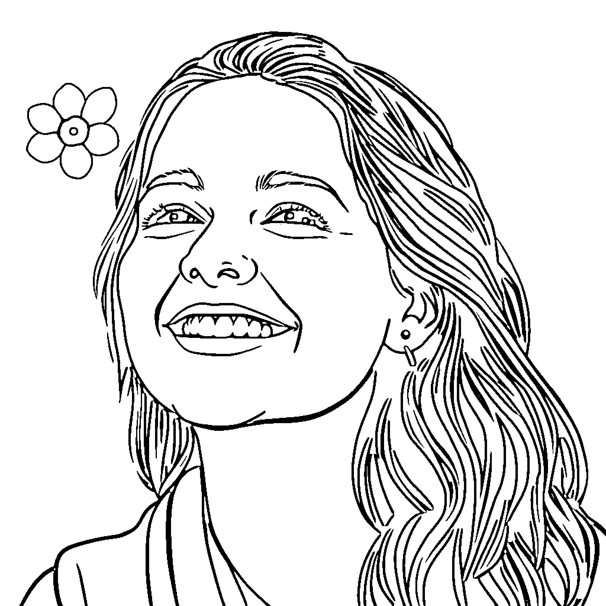 Holly expressing joy with a flower in her hair Coloring Page (free black-and-white line drawing printable PDF for all, from beginners to advanced learners, including children, teens, adults, and seniors)
