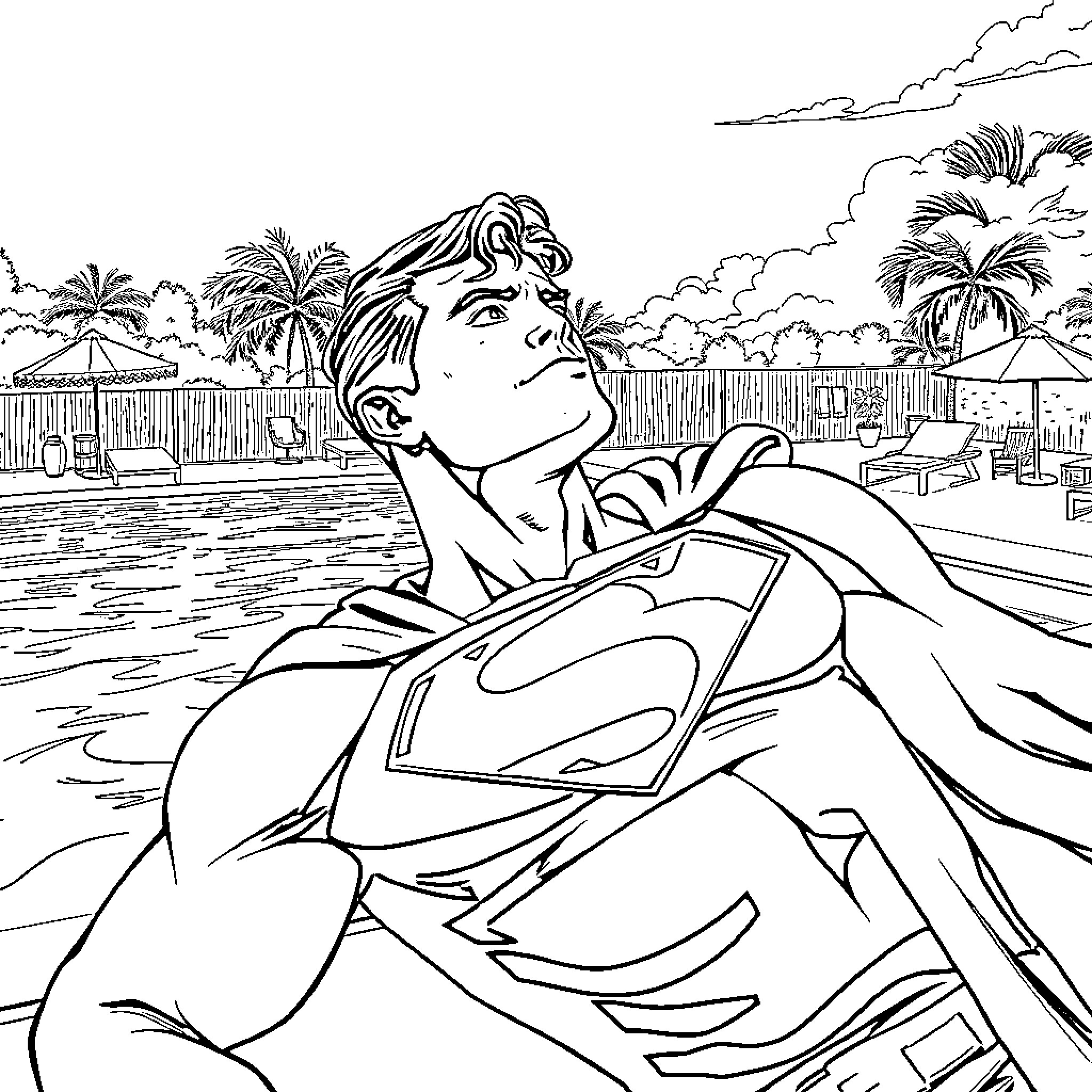 Superman relaxing by a tropical swimming pool Coloring Page (free black-and-white line drawing printable PDF for all, from beginners to advanced learners, including children, teens, adults, and seniors)