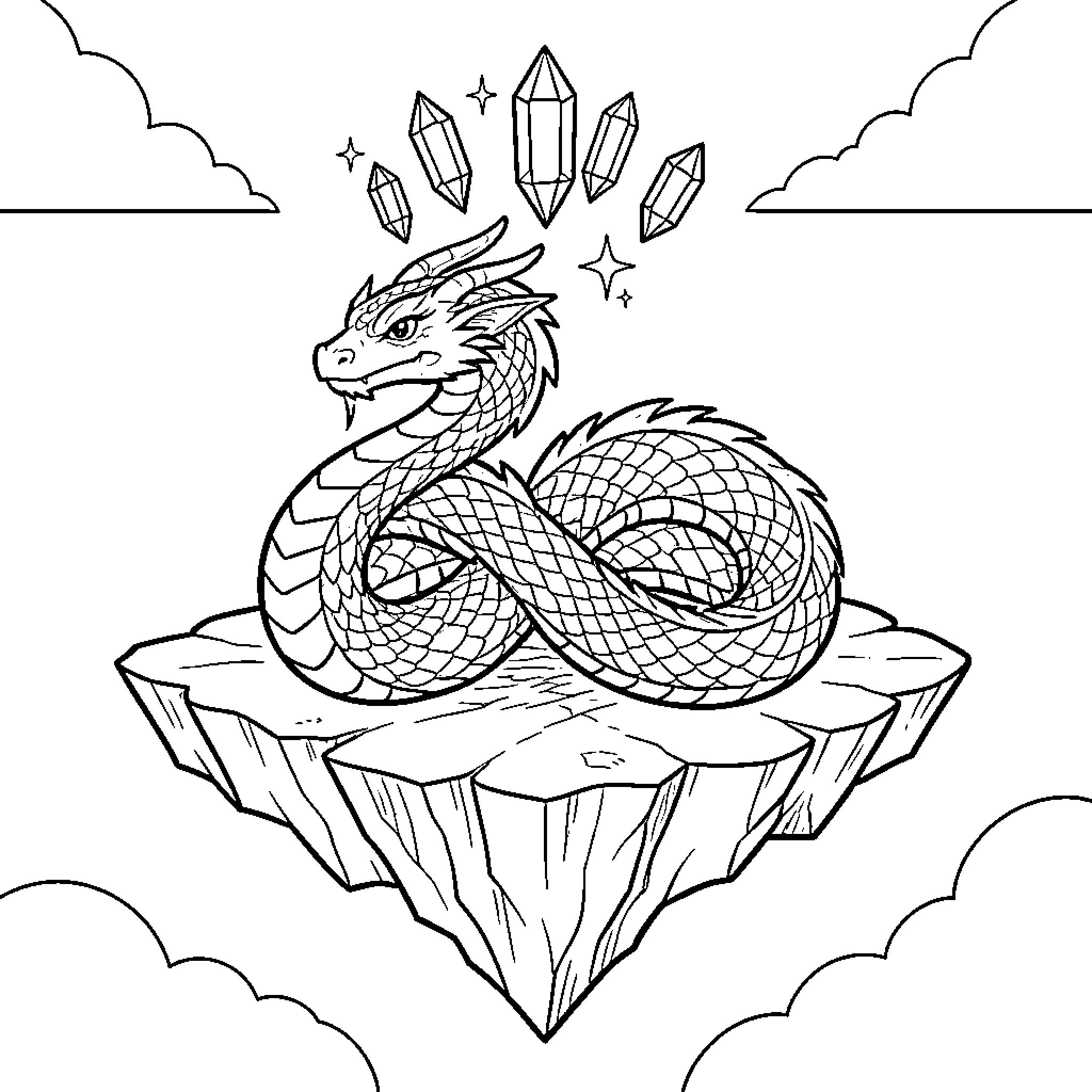Dragon resting on a floating rock with crystals Coloring Page (free black-and-white line drawing printable PDF for all, from beginners to advanced learners, including children, teens, adults, and seniors)
