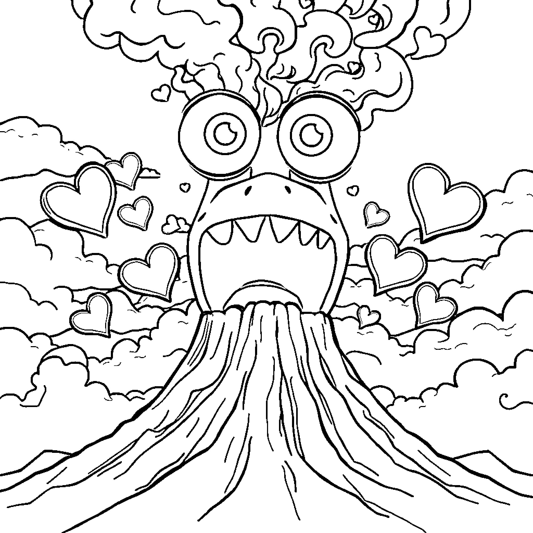 Volcano erupting with a monstrous face and hearts Coloring Page (free black-and-white line drawing printable PDF for all, from beginners to advanced learners, including children, teens, adults, and seniors)