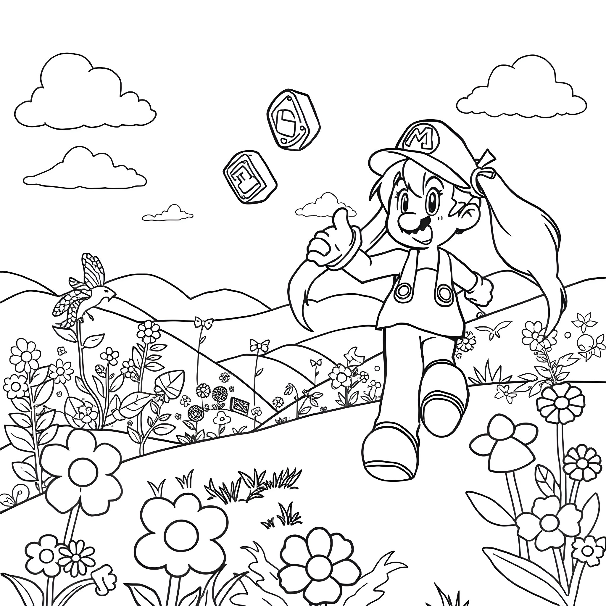 Hatsune Miku exploring a whimsical floral landscape Coloring Page (free black-and-white line drawing printable PDF for all, from beginners to advanced learners, including children, teens, adults, and seniors)