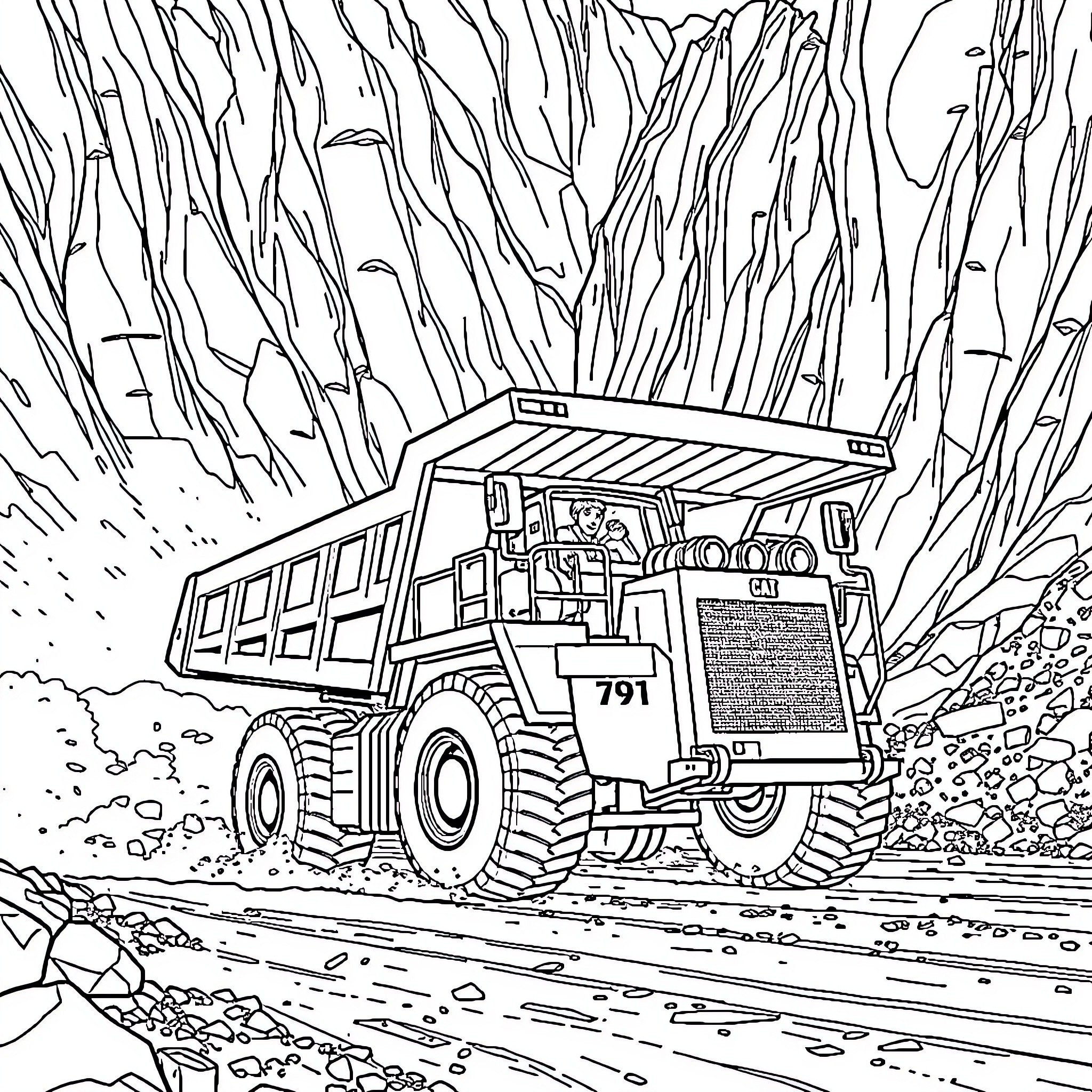Caterpillar dump truck hauling heavy cargo through rugged terrain Coloring Page (free black-and-white line drawing printable PDF for all, from beginners to advanced learners, including children, teens, adults, and seniors)