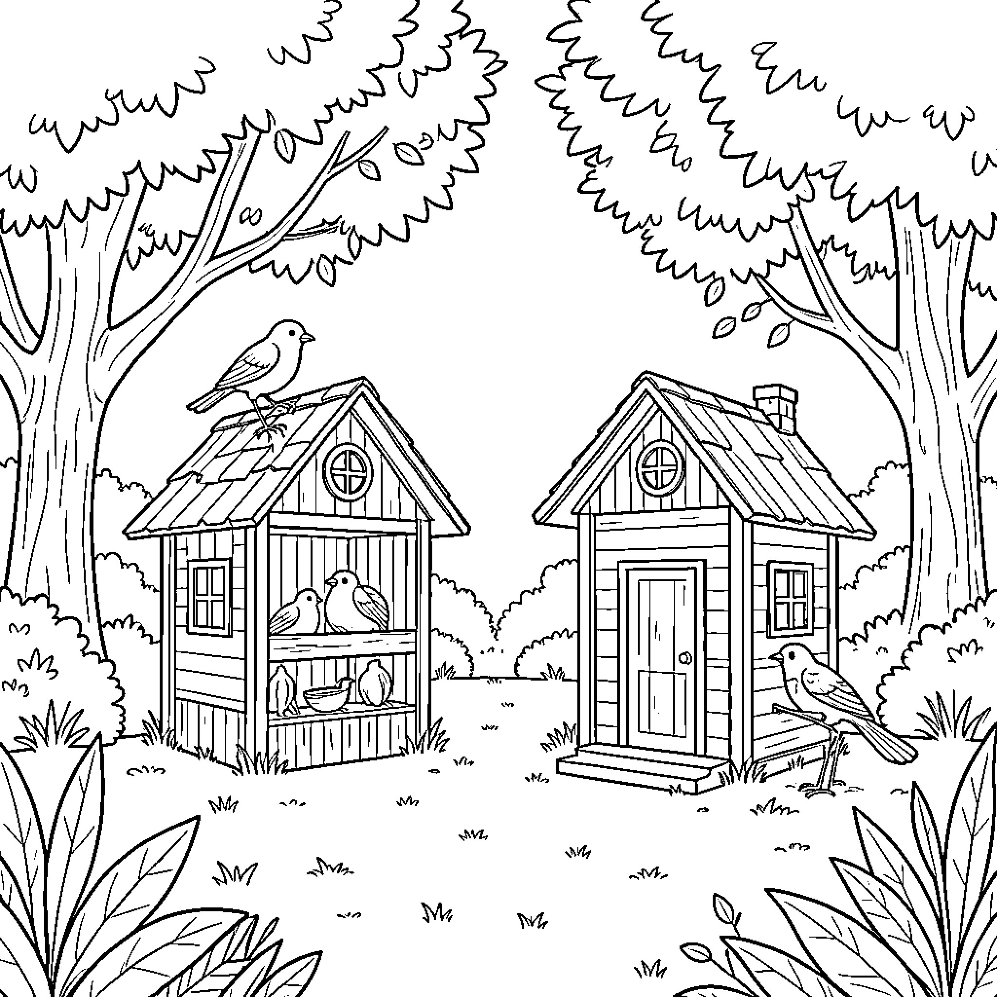 Bird resting on houses in a forest scene Coloring Page (free black-and-white line drawing printable PDF for all, from beginners to advanced learners, including children, teens, adults, and seniors)