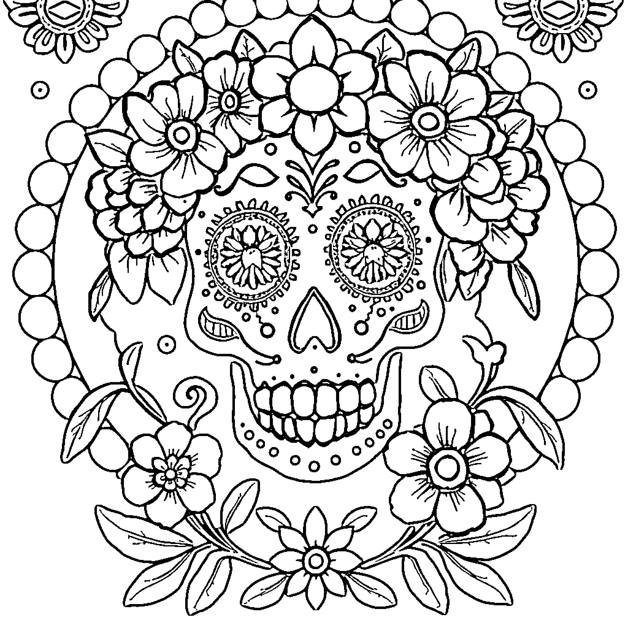 Skull adorned with ornate floral patterns Coloring Page (free black-and-white line drawing printable PDF for all, from beginners to advanced learners, including children, teens, adults, and seniors)