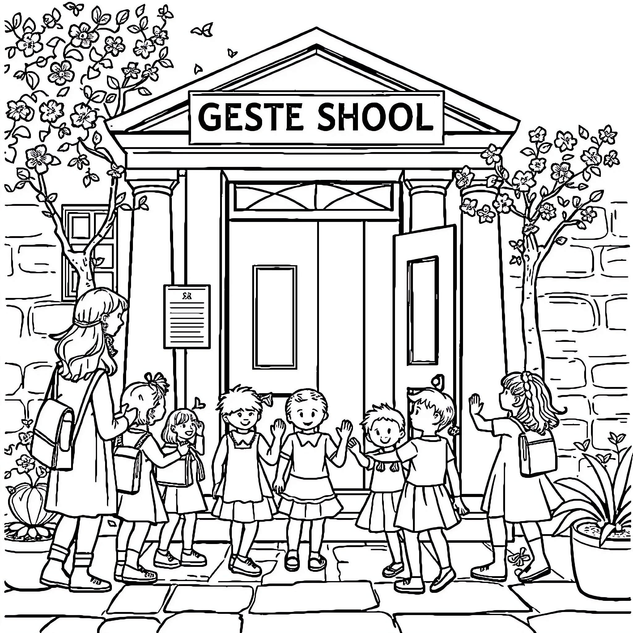 School children gathering outside school building Coloring Page (free black-and-white line drawing printable PDF for all, from beginners to advanced learners, including children, teens, adults, and seniors)