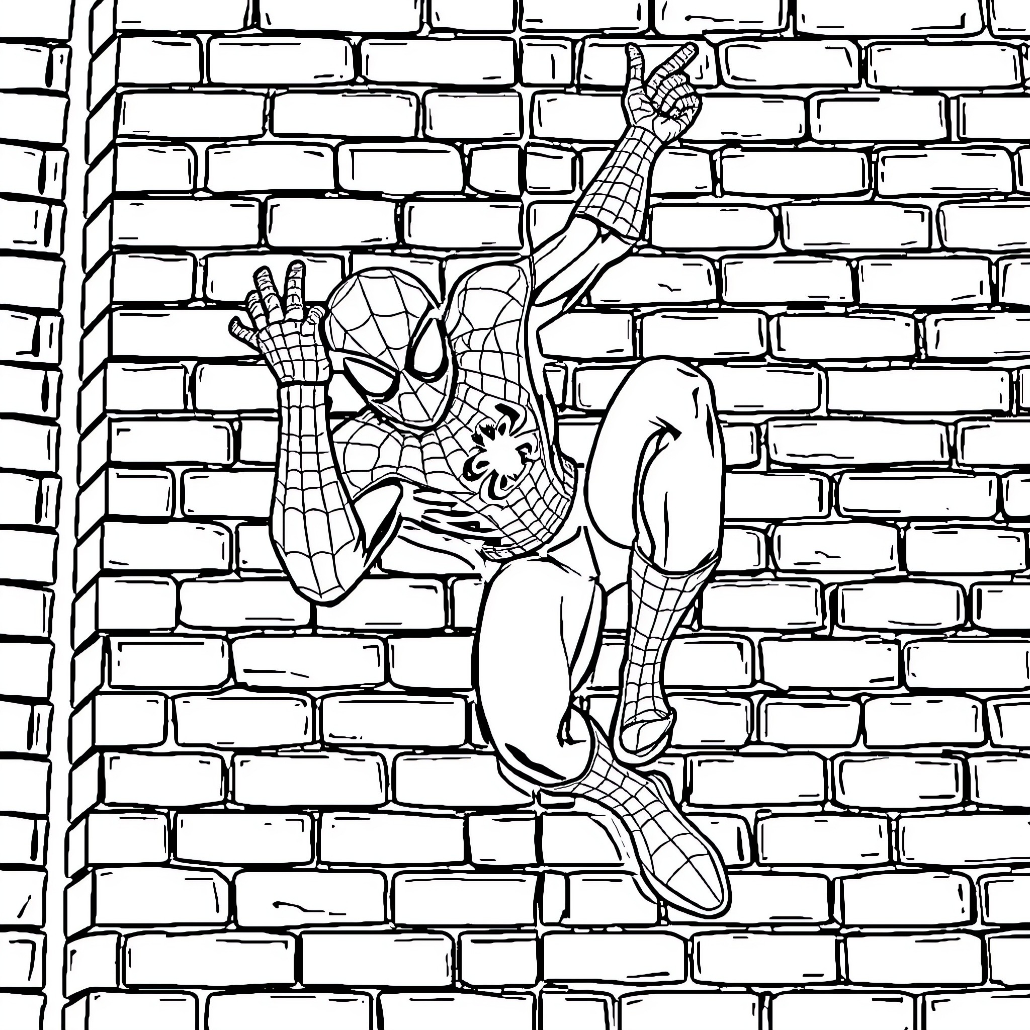 Spiderman climbing up the wall with determination Coloring Page (free black-and-white line drawing printable PDF for all, from beginners to advanced learners, including children, teens, adults, and seniors)