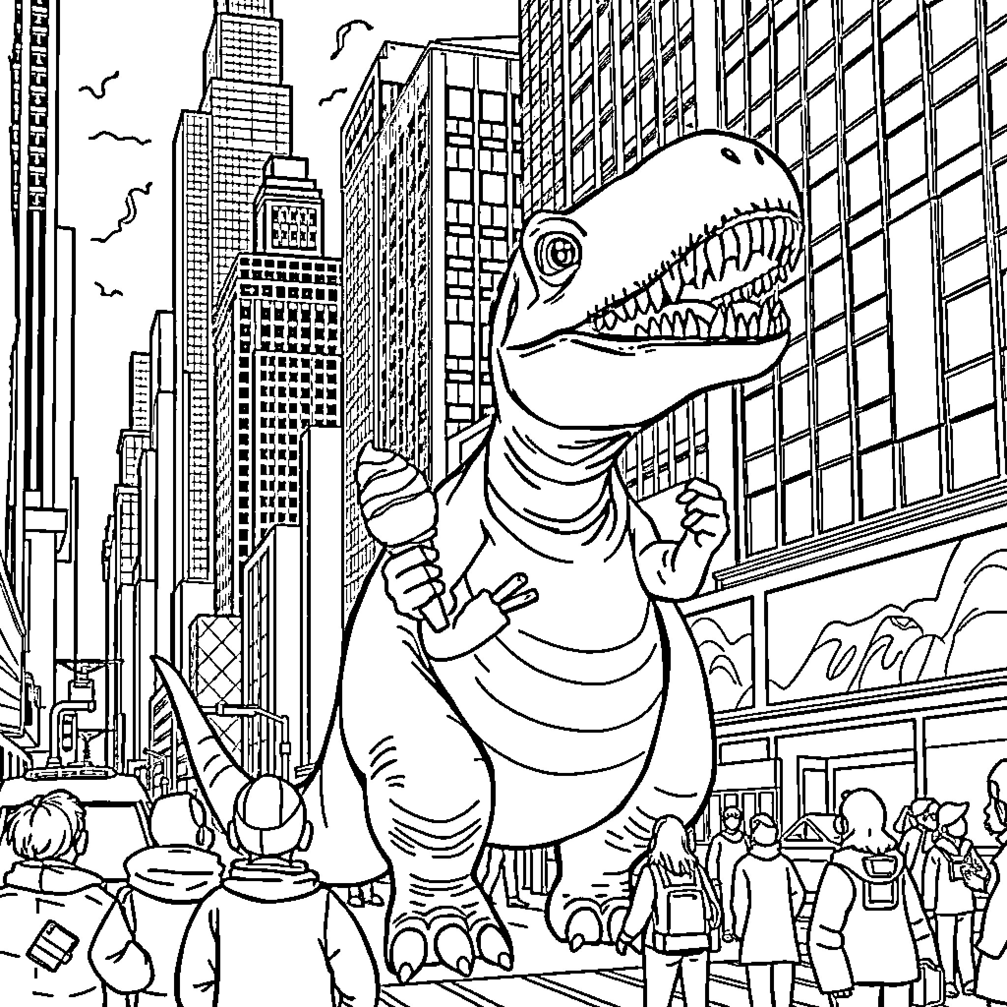 Dinosaur stomping through busy city streets Coloring Page (free black-and-white line drawing printable PDF for all, from beginners to advanced learners, including children, teens, adults, and seniors)