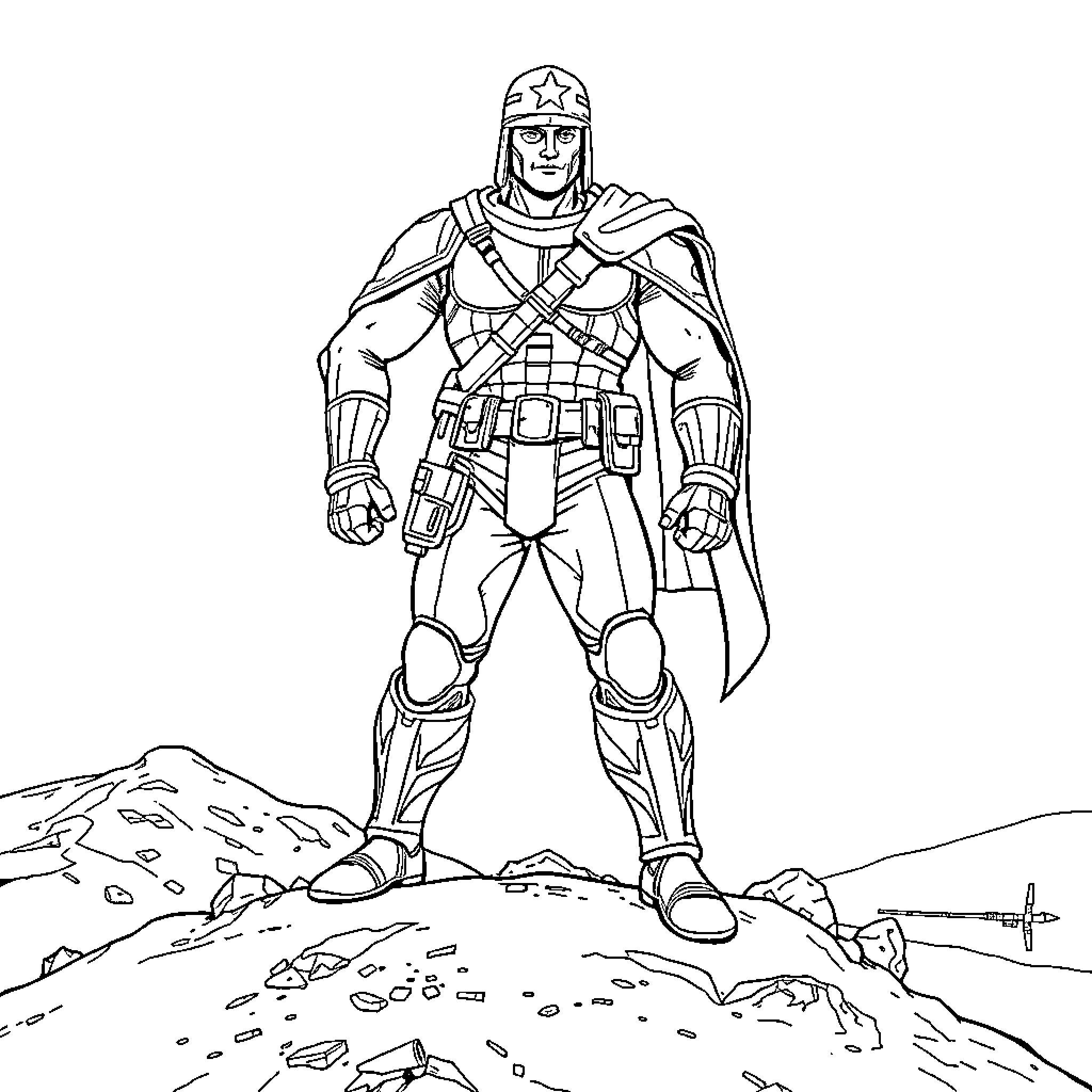 Captain America Standing Heroically in the Wilderness Coloring Page (free black-and-white line drawing printable PDF for all, from beginners to advanced learners, including children, teens, adults, and seniors)