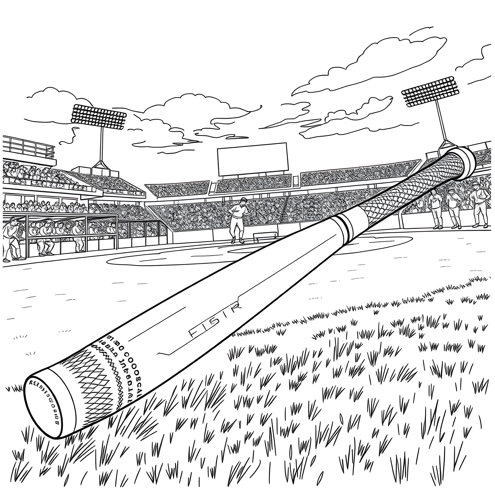 Baseball Bat Hitting Ball in Stadium Coloring Page (free black-and-white line drawing printable PDF for all, from beginners to advanced learners, including children, teens, adults, and seniors)