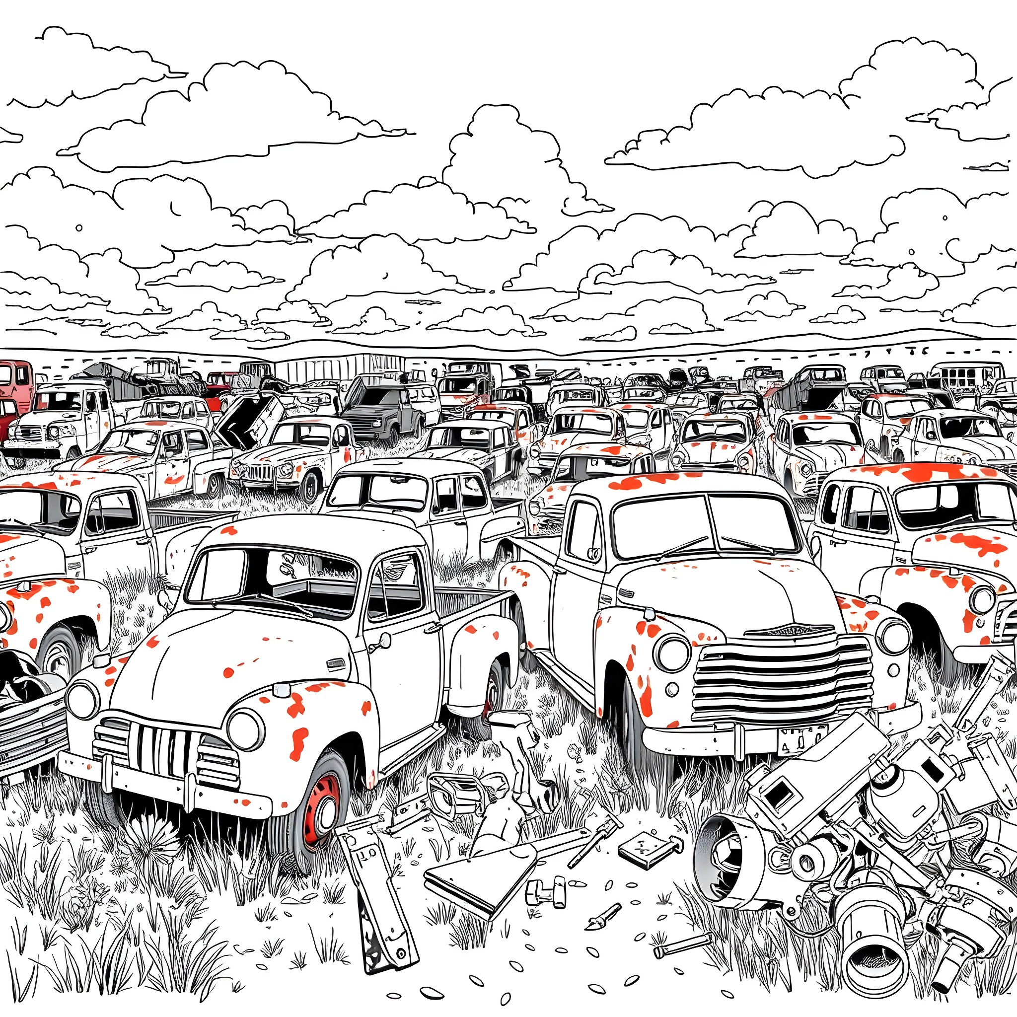 Pickup Trucks in an Abandoned Junkyard Coloring Page (free black-and-white line drawing printable PDF for all, from beginners to advanced learners, including children, teens, adults, and seniors)