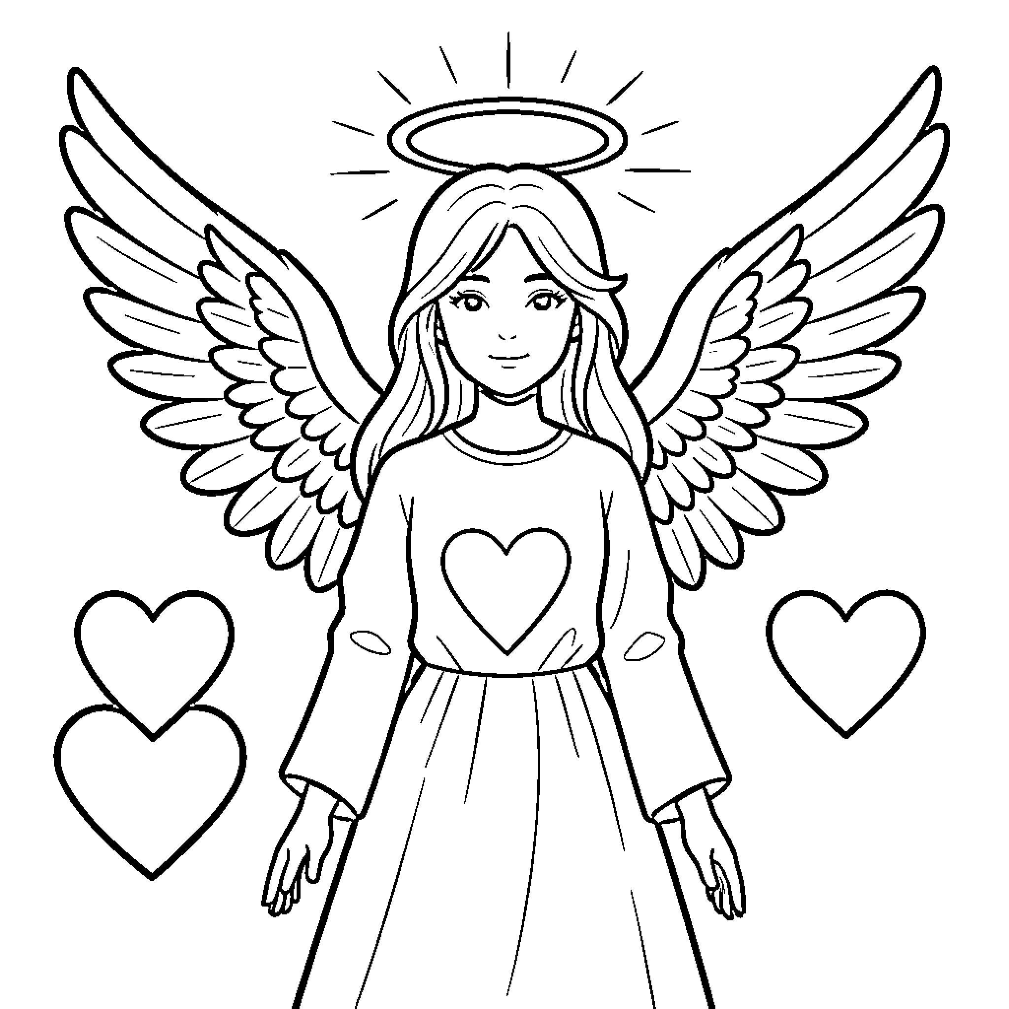 Angel with large wings and hearts Coloring Page (free black-and-white line drawing printable PDF for all, from beginners to advanced learners, including children, teens, adults, and seniors)