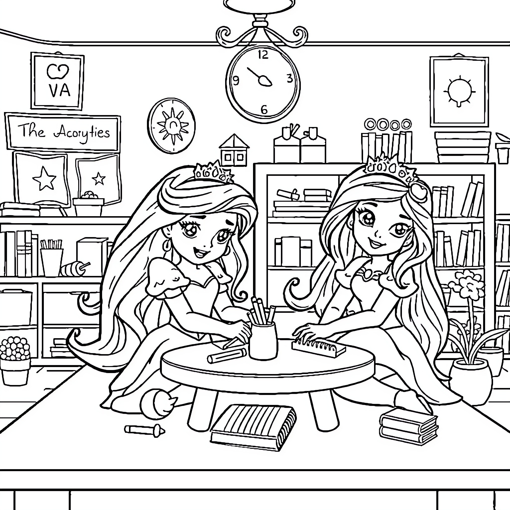 Princess friends having tea time in their cozy room Coloring Page (free black-and-white line drawing printable PDF for all, from beginners to advanced learners, including children, teens, adults, and seniors)