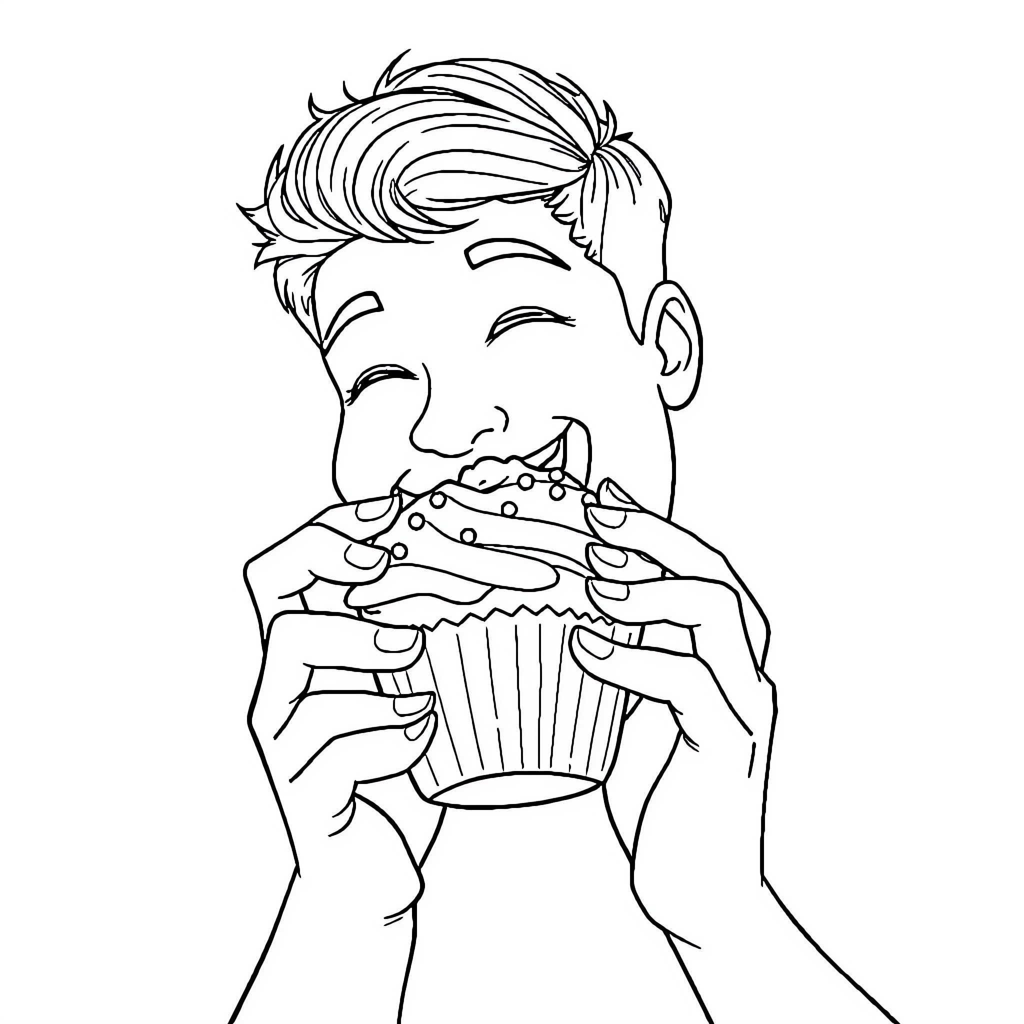 Cupcake Delight: Boy Enjoying a Delicious Treat Coloring Page (free black-and-white line drawing printable PDF for all, from beginners to advanced learners, including children, teens, adults, and seniors)
