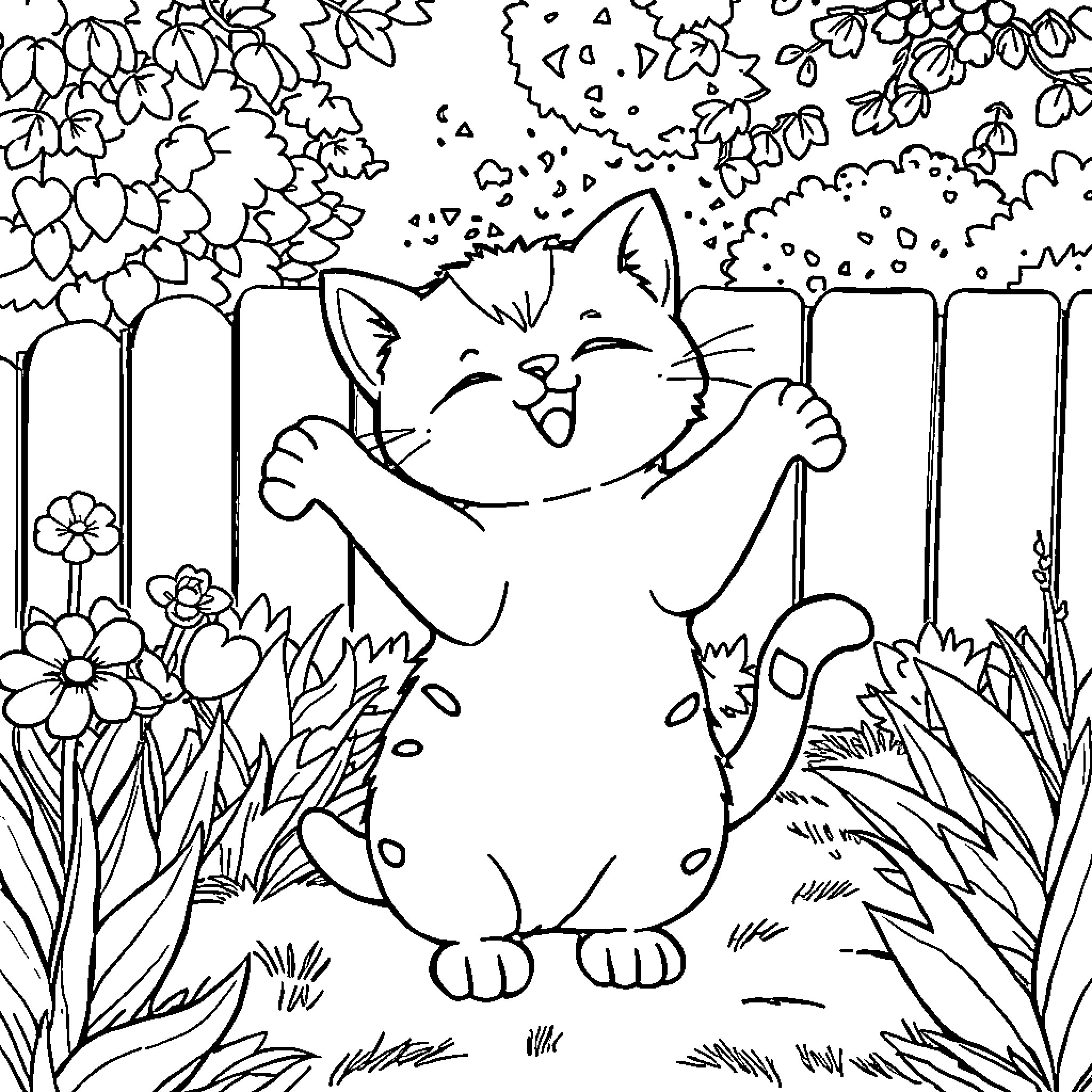 Kawaii Cat Enjoying a Blissful Afternoon in the Garden Coloring Page (free black-and-white line drawing printable PDF for all, from beginners to advanced learners, including children, teens, adults, and seniors)