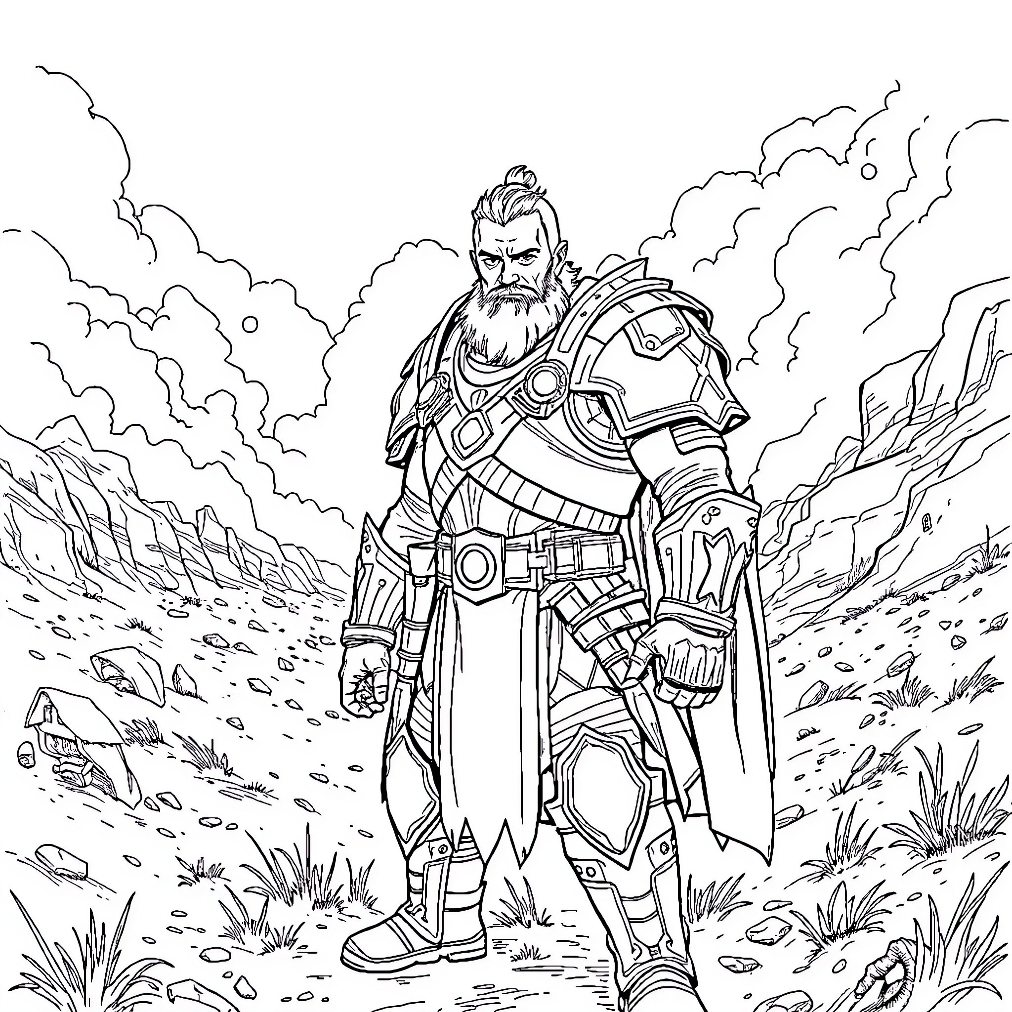 Jim Raynor in Armored Warrior Stance on Rugged Terrain Coloring Page (free black-and-white line drawing printable PDF for all, from beginners to advanced learners, including children, teens, adults, and seniors)