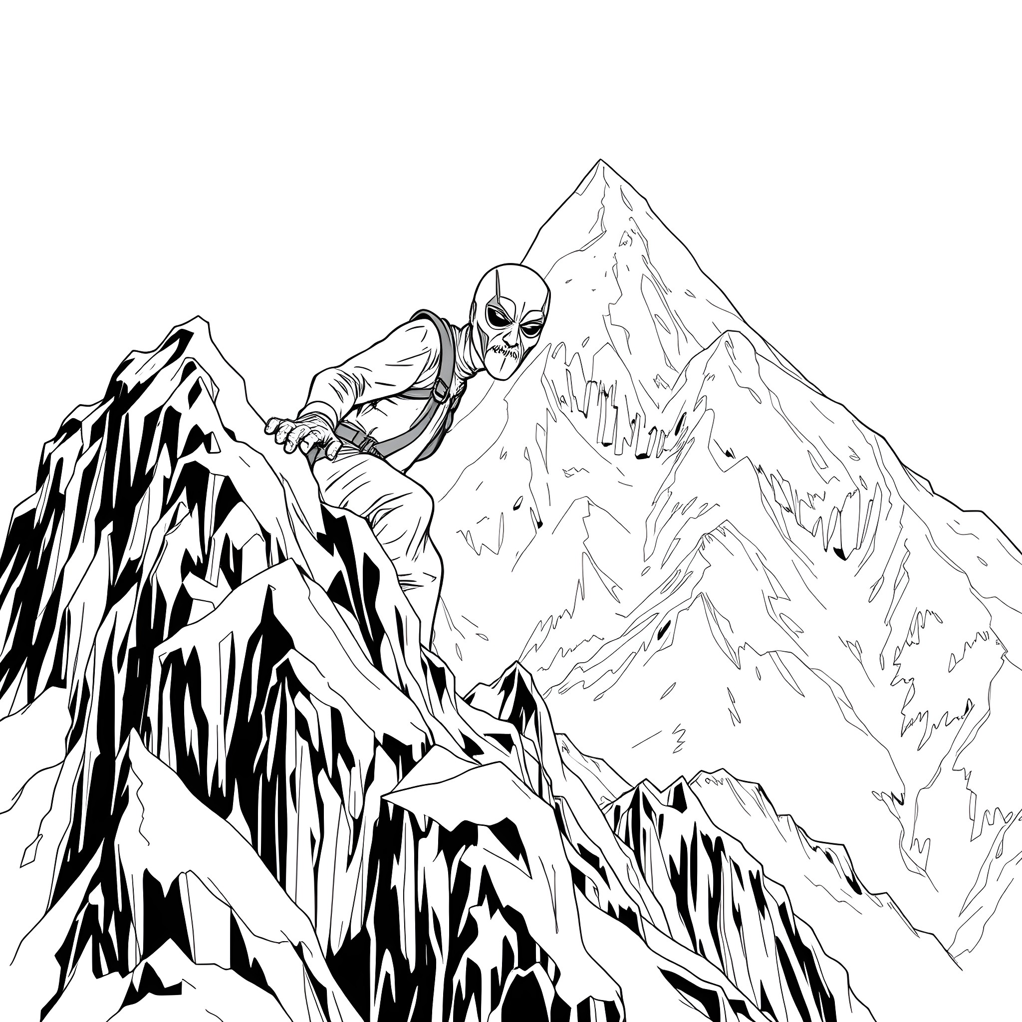 Rorschach-like figure climbing rugged mountain terrain Coloring Page (free black-and-white line drawing printable PDF for all, from beginners to advanced learners, including children, teens, adults, and seniors)