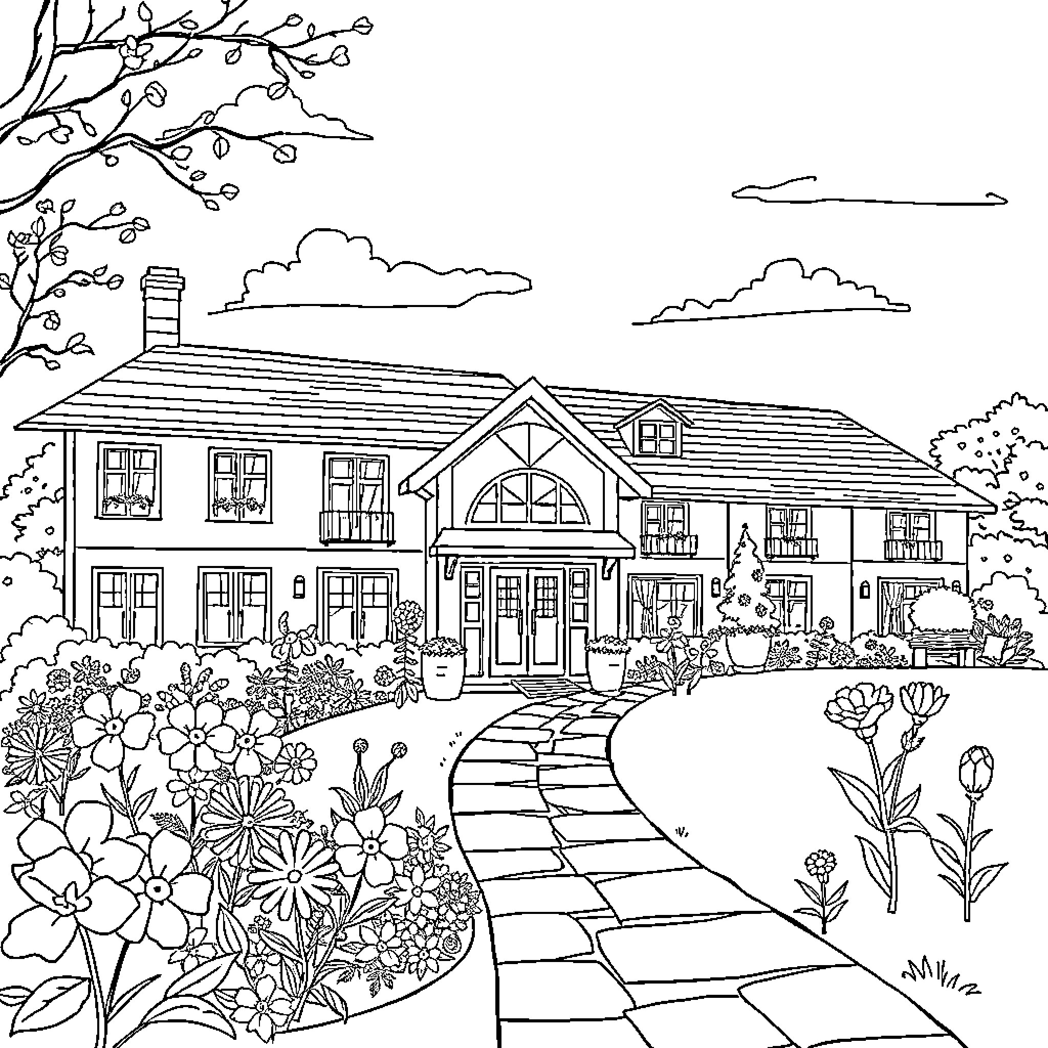 Garden Home with Blooming Flowers and Pathway Coloring Page (free black-and-white line drawing printable PDF for all, from beginners to advanced learners, including children, teens, adults, and seniors)
