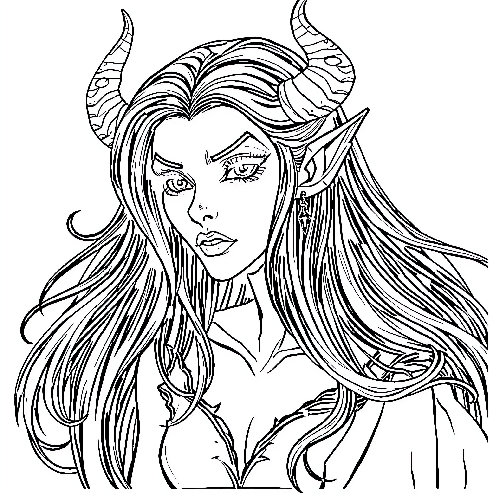 Siren with Horns and Flowing Hair Coloring Page (free black-and-white line drawing printable PDF for all, from beginners to advanced learners, including children, teens, adults, and seniors)