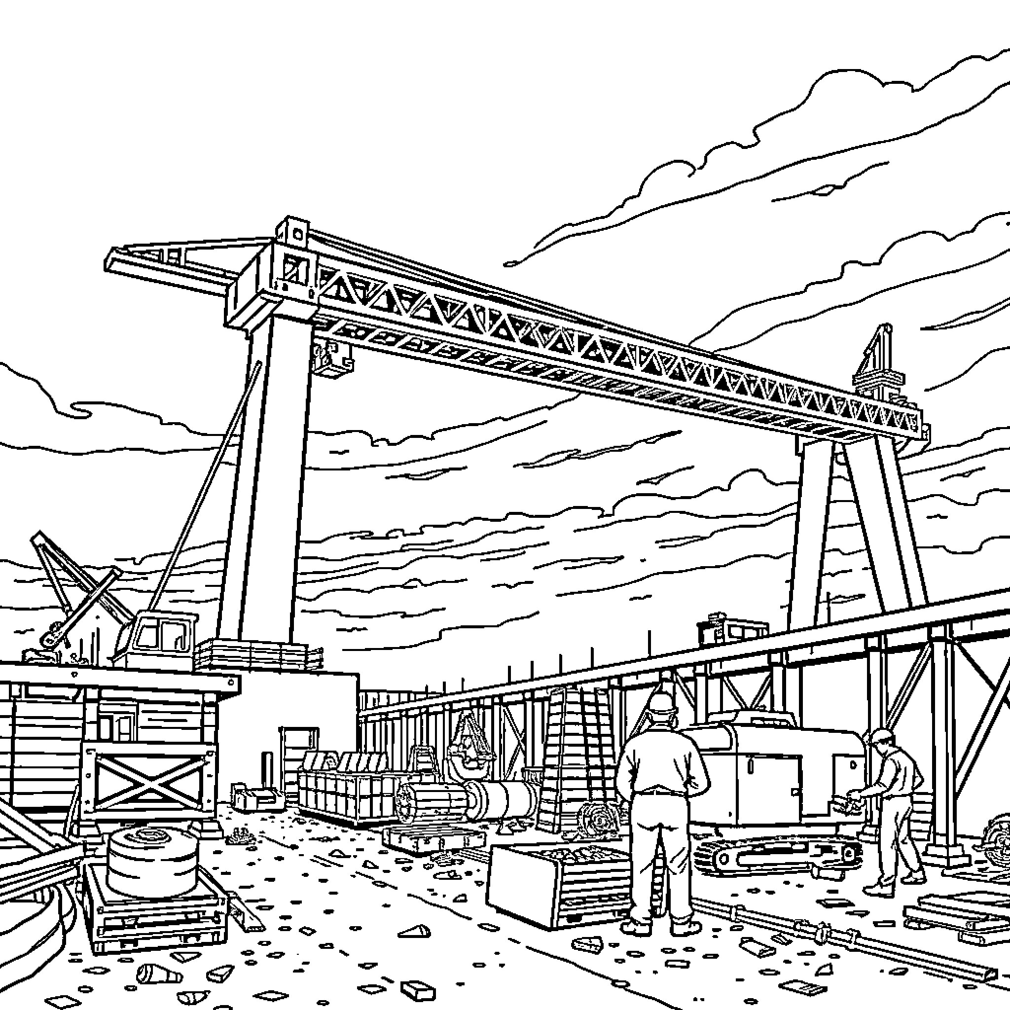 Barrage of industrial construction equipment on site Coloring Page (free black-and-white line drawing printable PDF for all, from beginners to advanced learners, including children, teens, adults, and seniors)