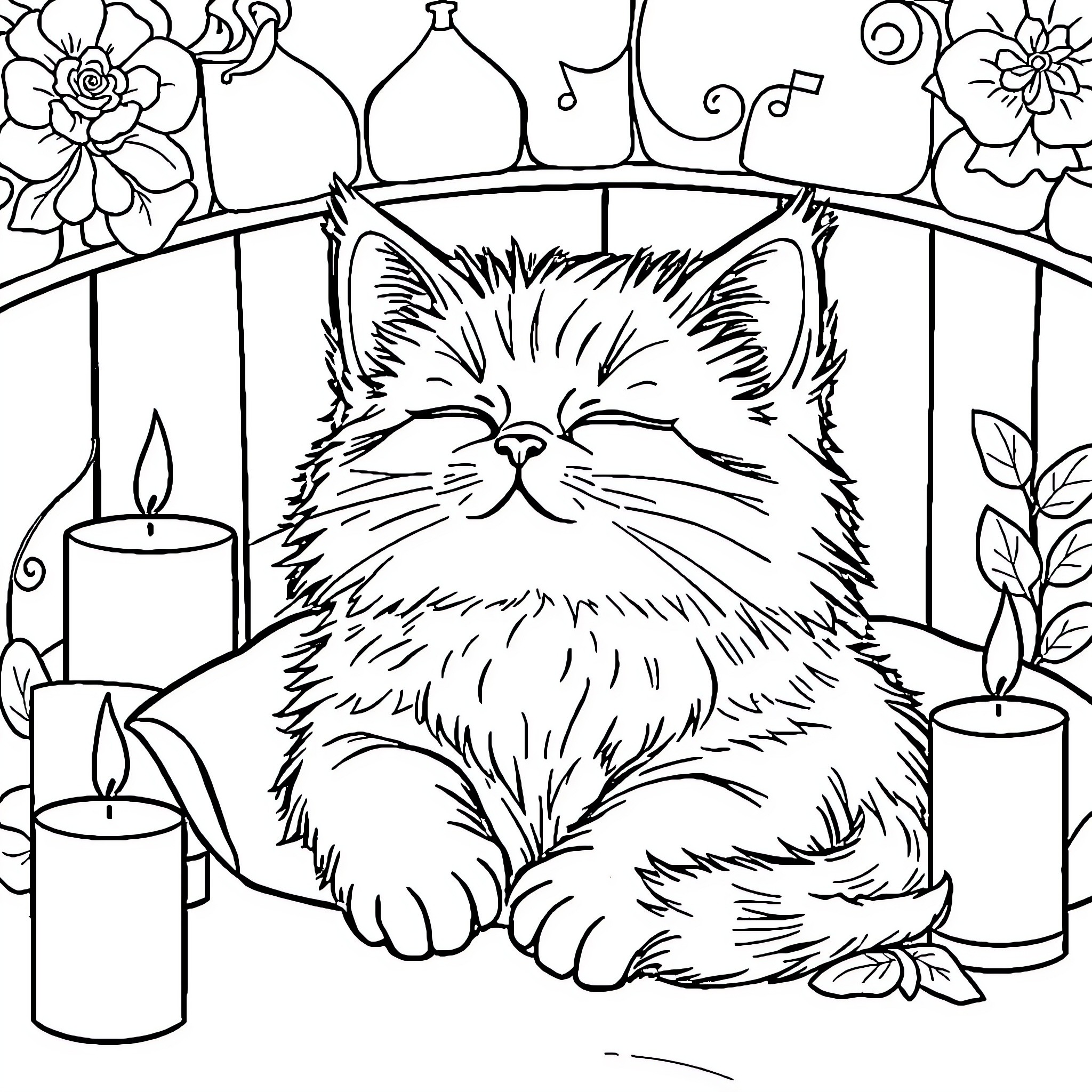 Kitty relaxing in floral setting Coloring Page (free black-and-white line drawing printable PDF for all, from beginners to advanced learners, including children, teens, adults, and seniors)