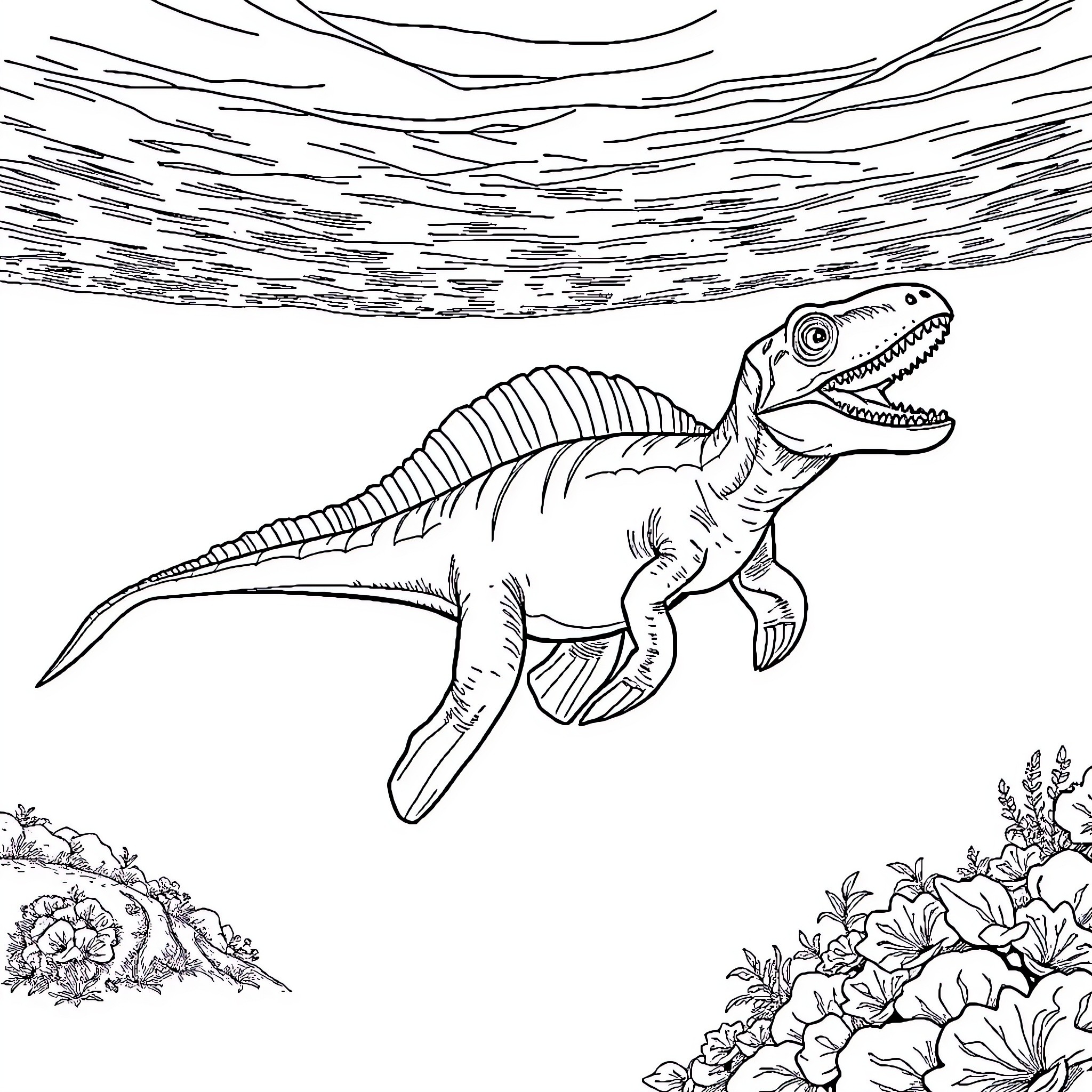 Nothosaurus hunting in the prehistoric ocean Coloring Page (free black-and-white line drawing printable PDF for all, from beginners to advanced learners, including children, teens, adults, and seniors)
