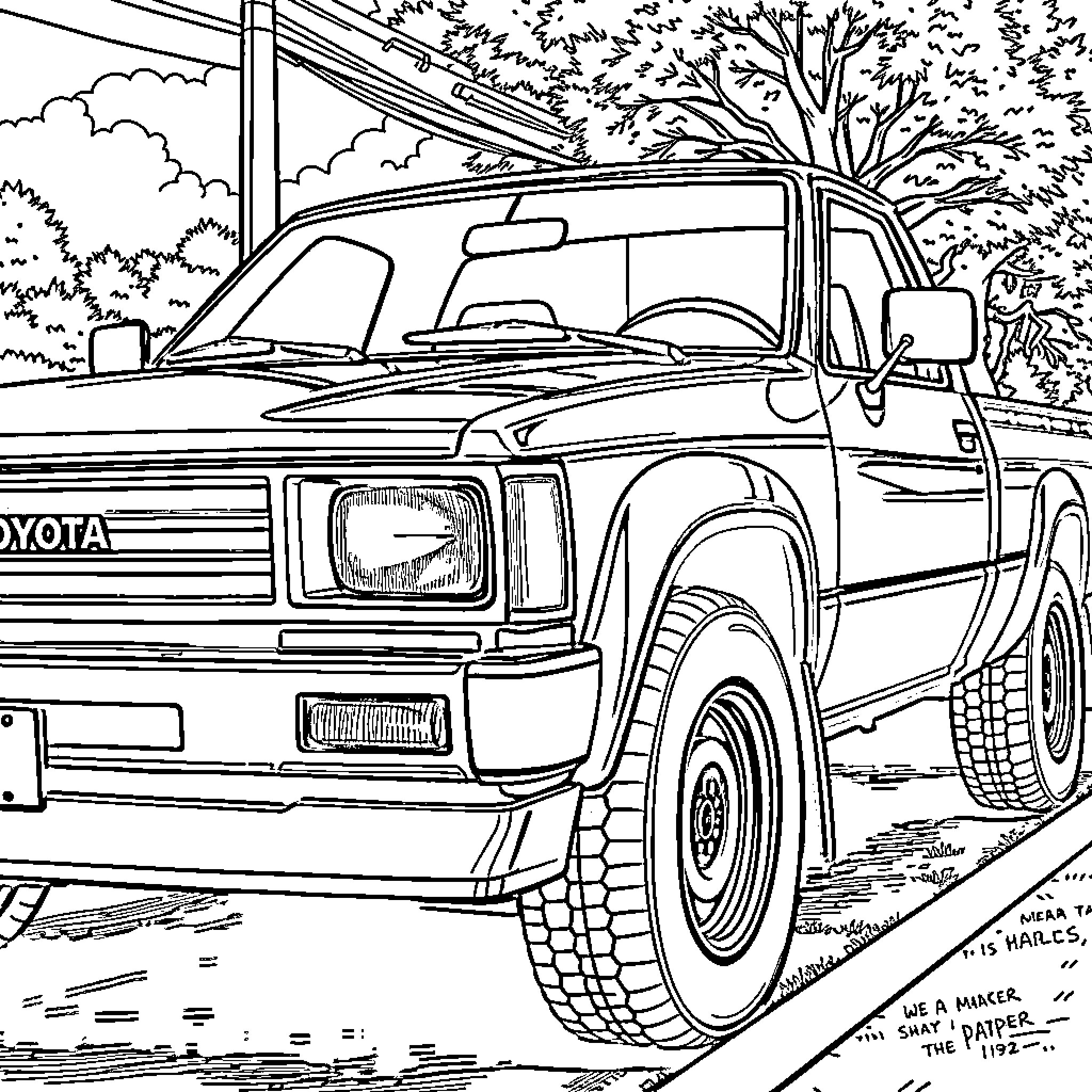 Toyota rugged utility vehicle in the outdoors Coloring Page (free black-and-white line drawing printable PDF for all, from beginners to advanced learners, including children, teens, adults, and seniors)