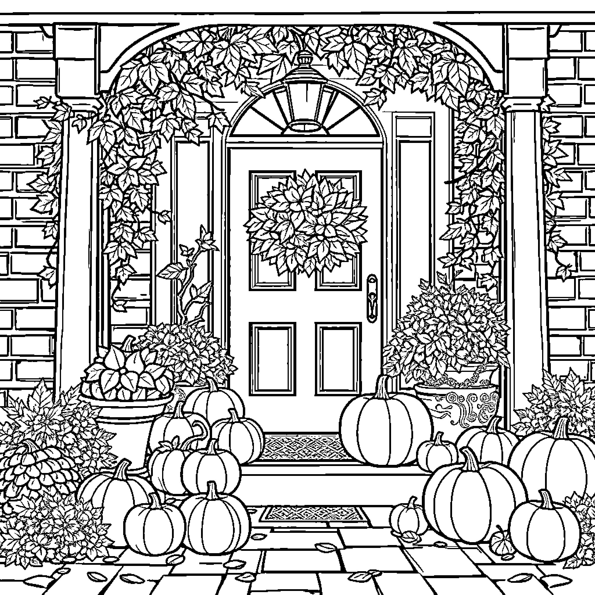 Porch decorated with autumn foliage and pumpkins Coloring Page (free black-and-white line drawing printable PDF for all, from beginners to advanced learners, including children, teens, adults, and seniors)