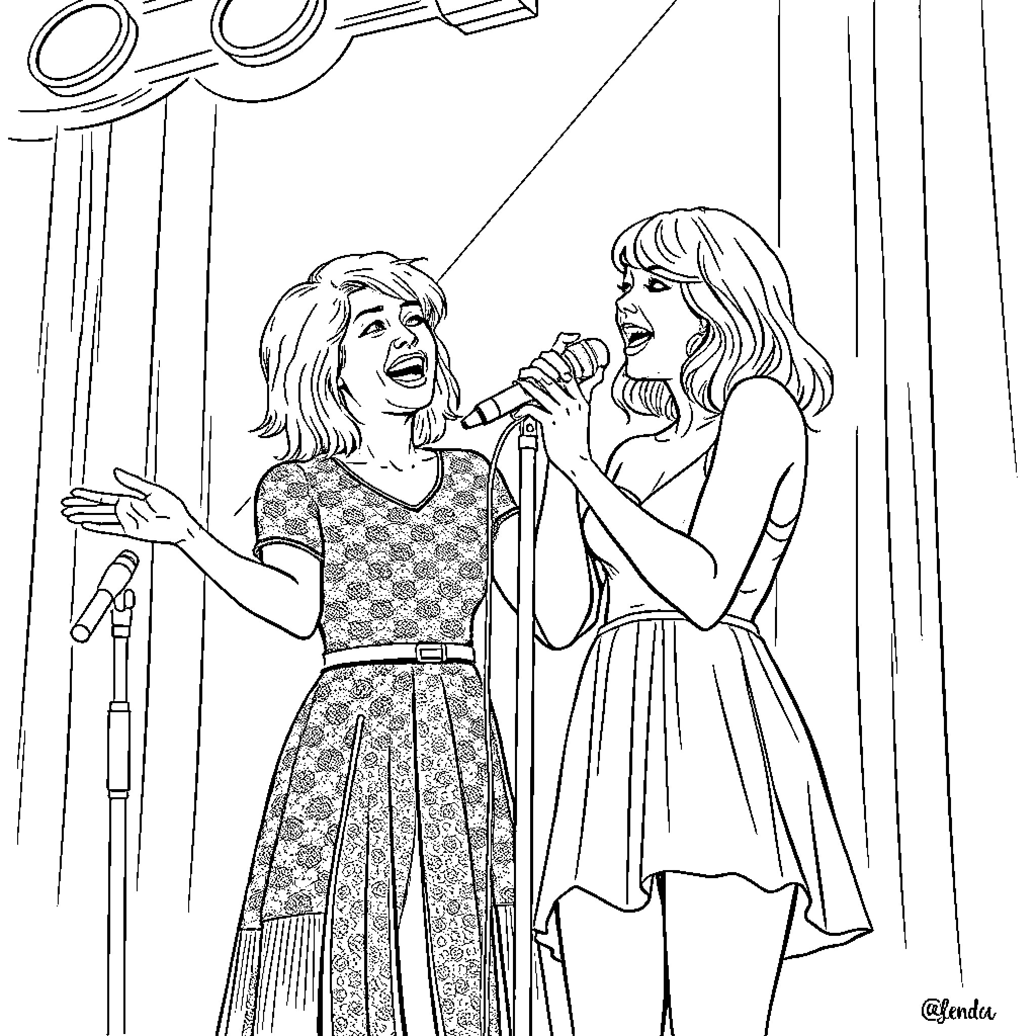 Glenda and Gina singing on stage together Coloring Page (free black-and-white line drawing printable PDF for all, from beginners to advanced learners, including children, teens, adults, and seniors)