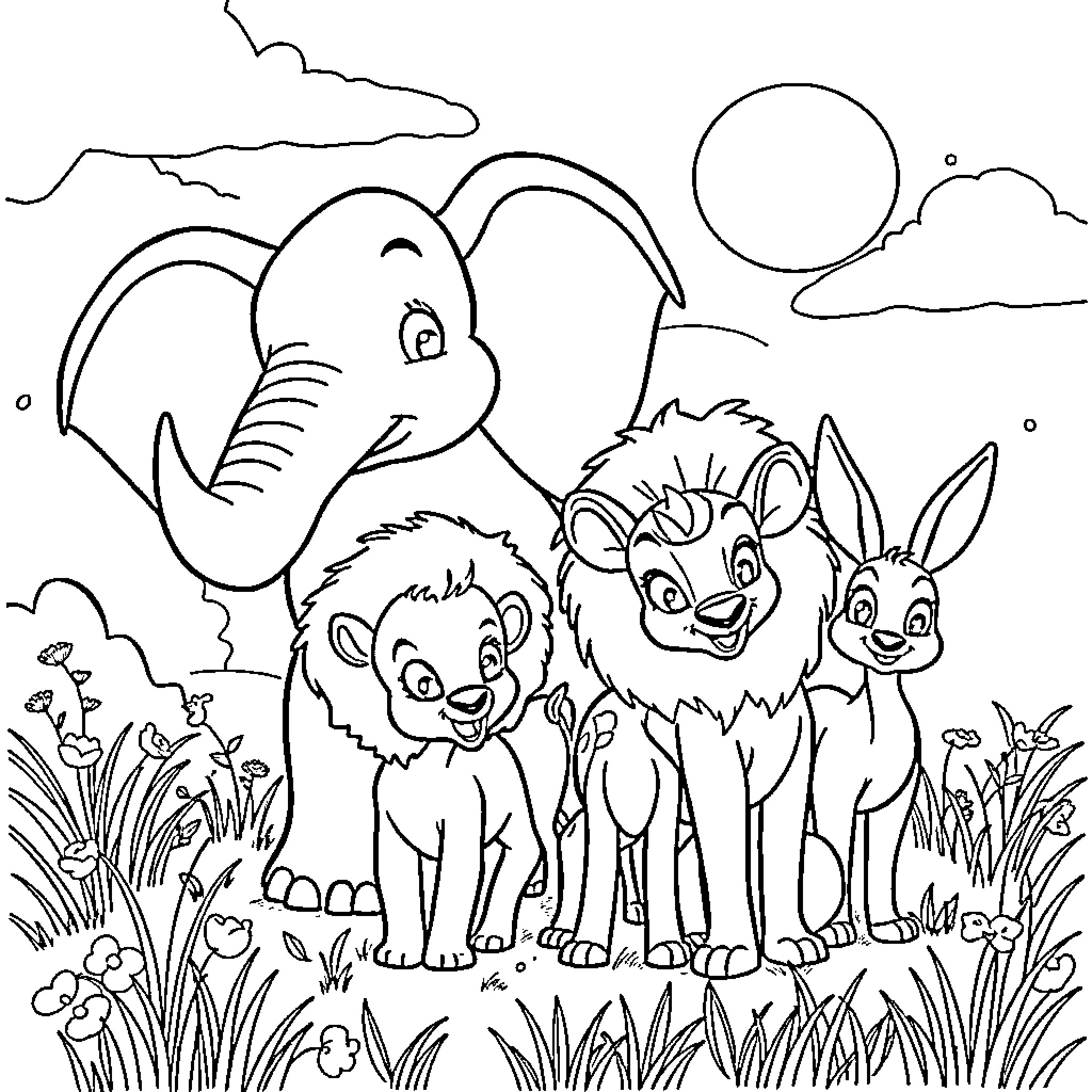Dumbo and friends smiling together in a meadow Coloring Page (free black-and-white line drawing printable PDF for all, from beginners to advanced learners, including children, teens, adults, and seniors)