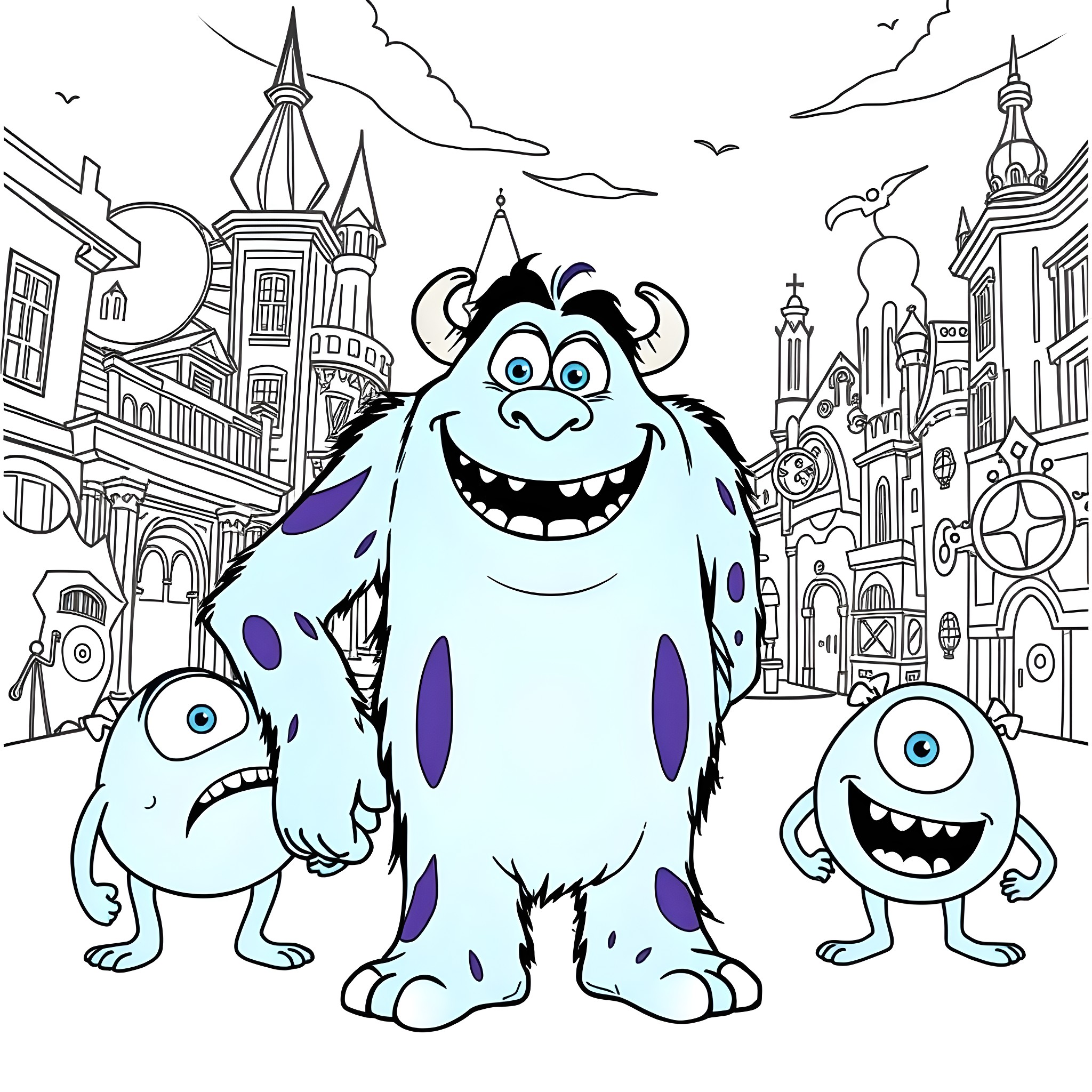Sulley and his Monster Friends in the Magical City Coloring Page (free black-and-white line drawing printable PDF for all, from beginners to advanced learners, including children, teens, adults, and seniors)