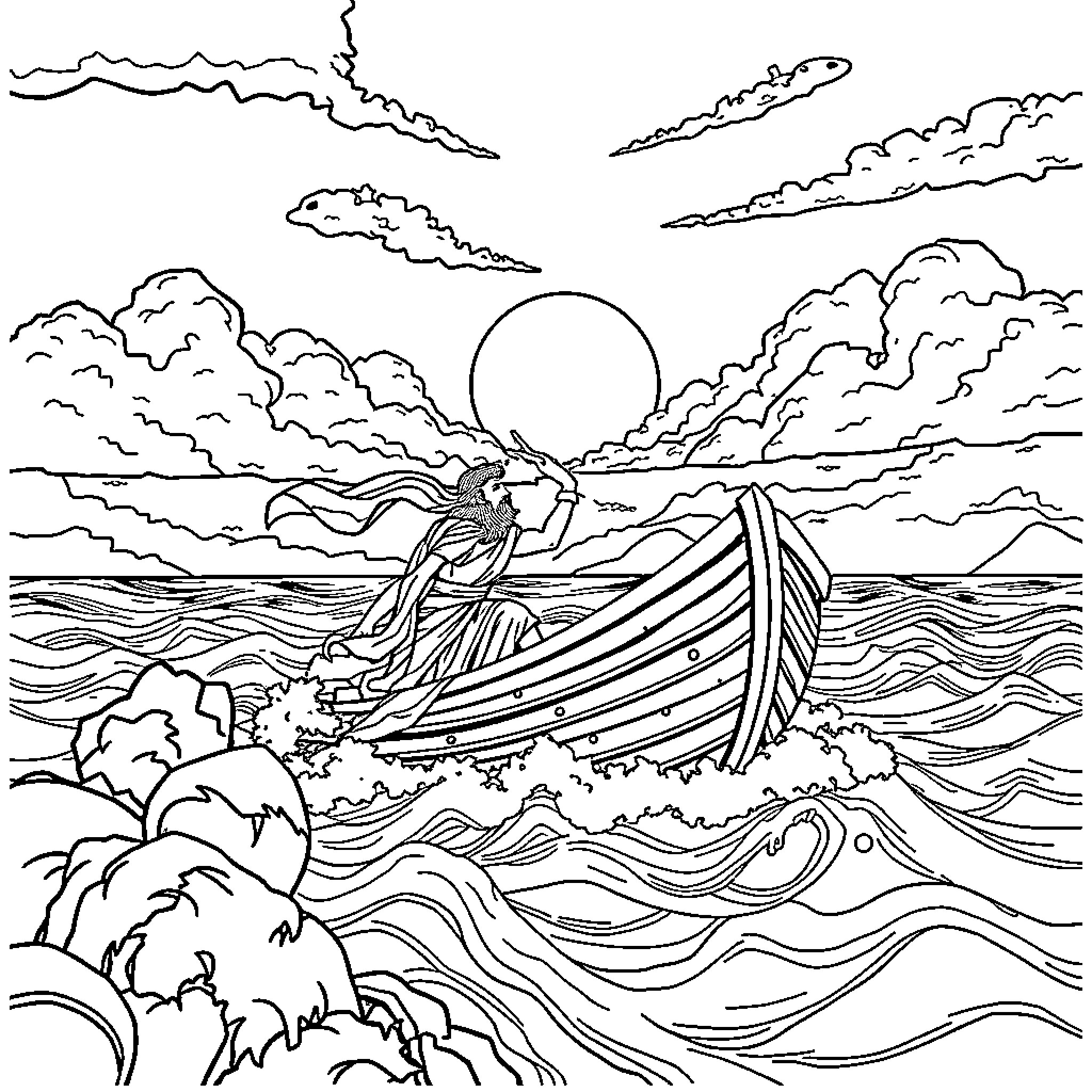 Odysseus navigating the stormy seas on his journey home Coloring Page (free black-and-white line drawing printable PDF for all, from beginners to advanced learners, including children, teens, adults, and seniors)