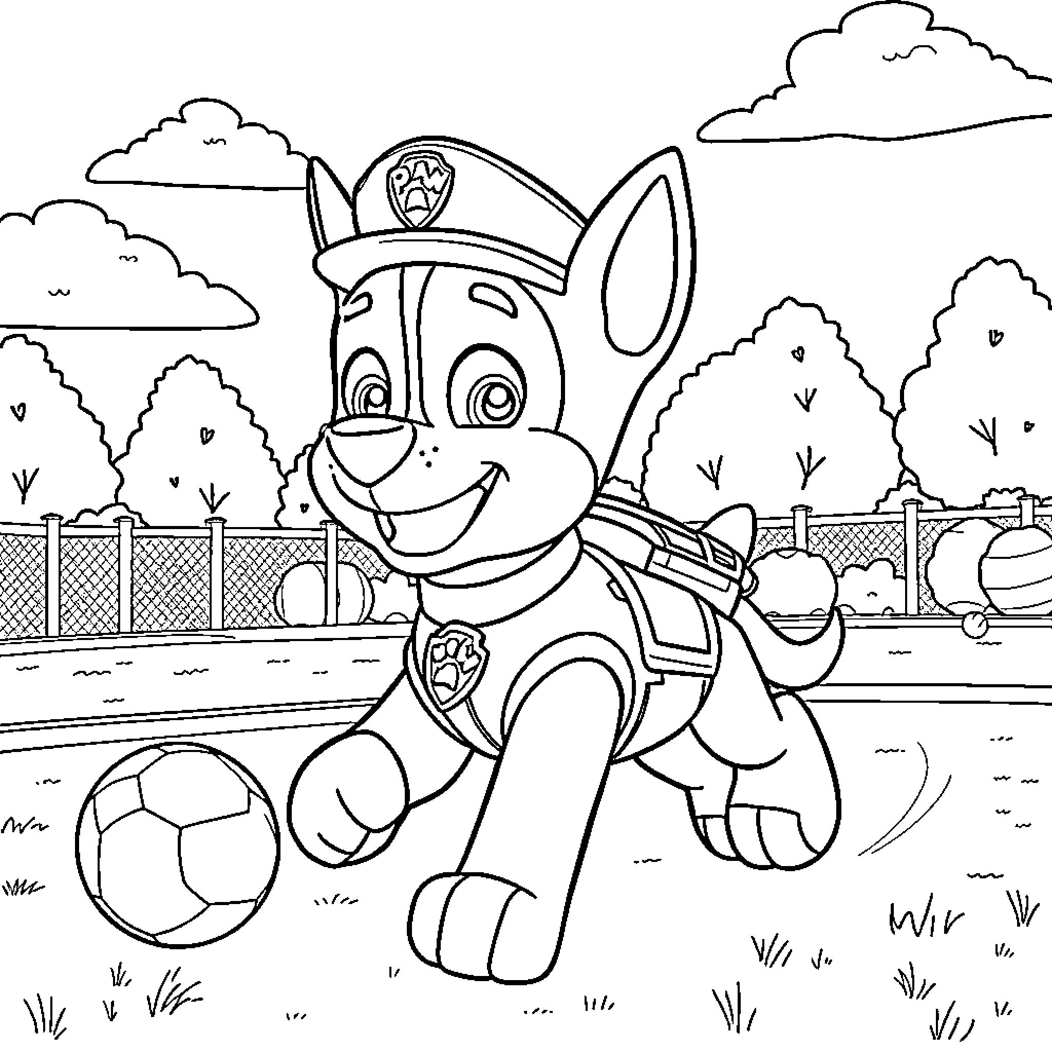 Chase the pup playing with a soccer ball Coloring Page (free black-and-white line drawing printable PDF for all, from beginners to advanced learners, including children, teens, adults, and seniors)
