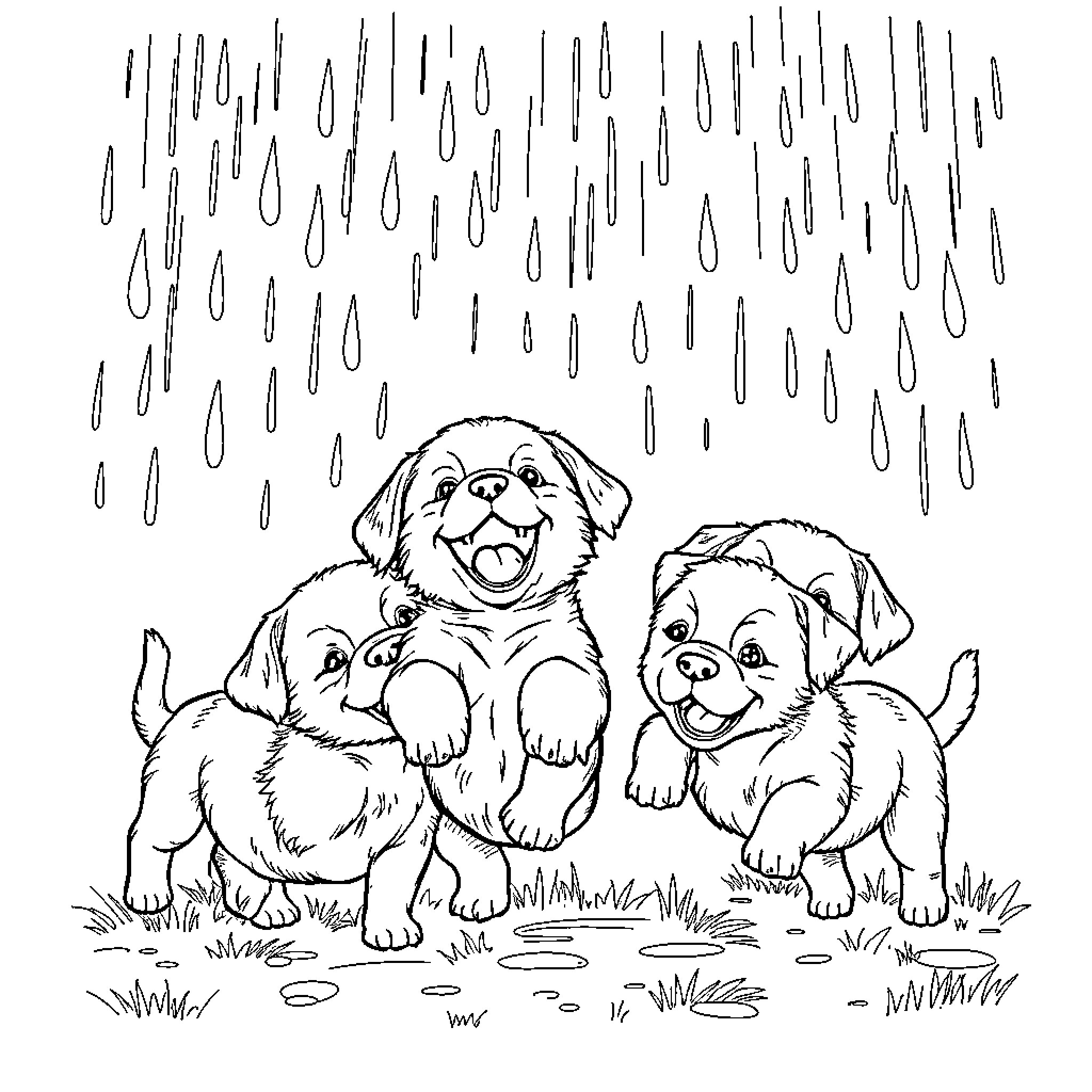 Puppy playing happily in the rain Coloring Page (free black-and-white line drawing printable PDF for all, from beginners to advanced learners, including children, teens, adults, and seniors)