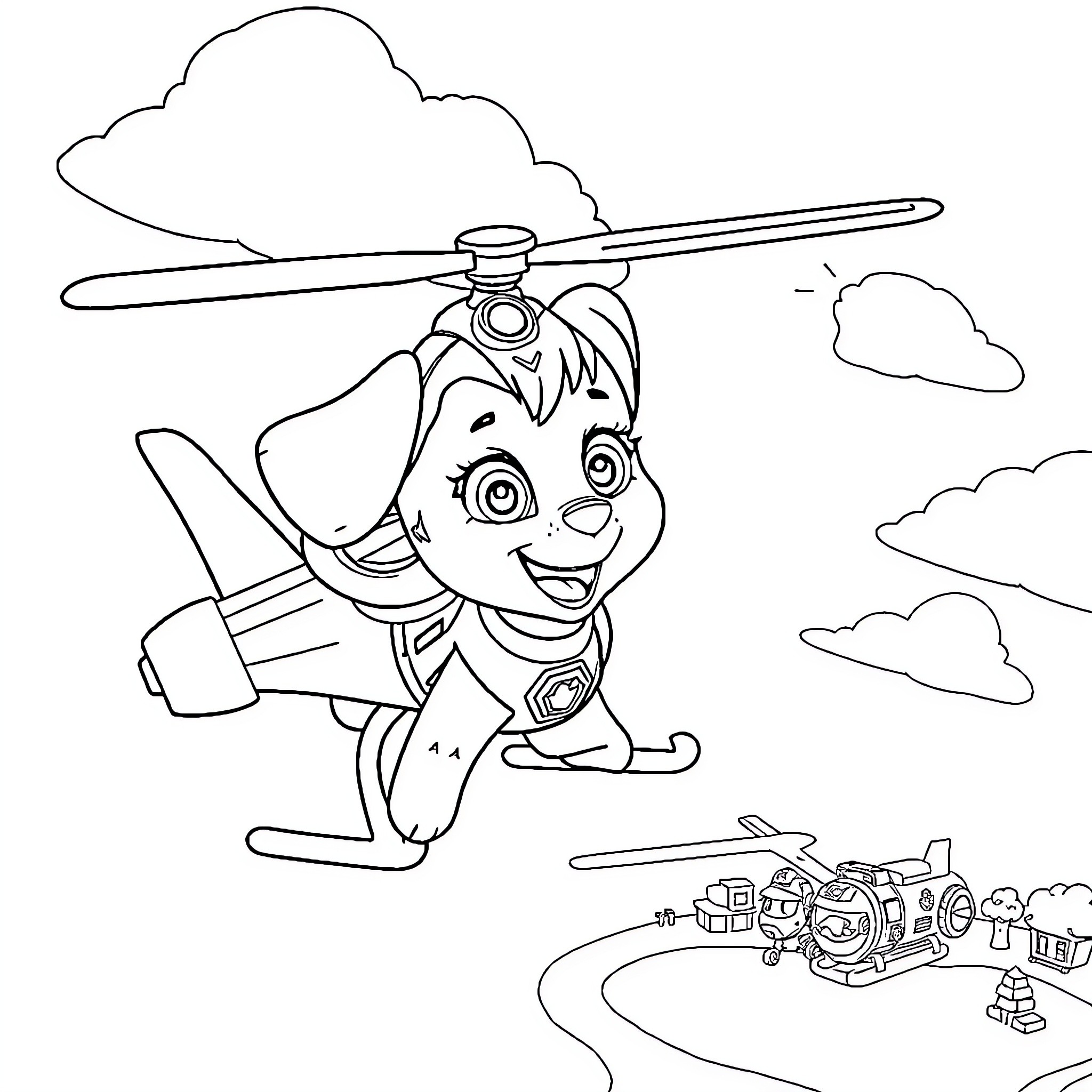 Skye soaring high above in her helicopter Coloring Page (free black-and-white line drawing printable PDF for all, from beginners to advanced learners, including children, teens, adults, and seniors)