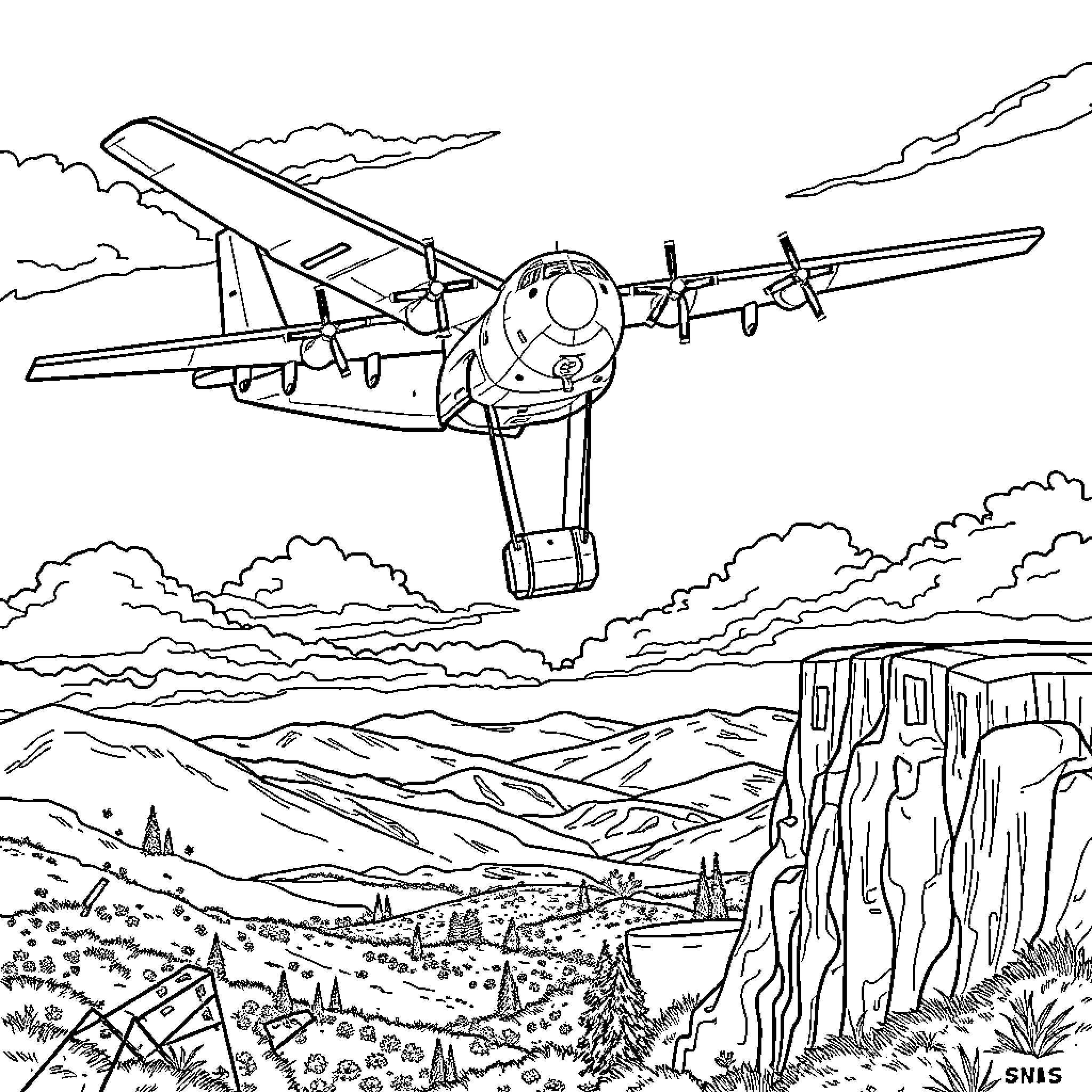 C-130J military transport aircraft in flight over mountainous terrain Coloring Page (free black-and-white line drawing printable PDF for all, from beginners to advanced learners, including children, teens, adults, and seniors)