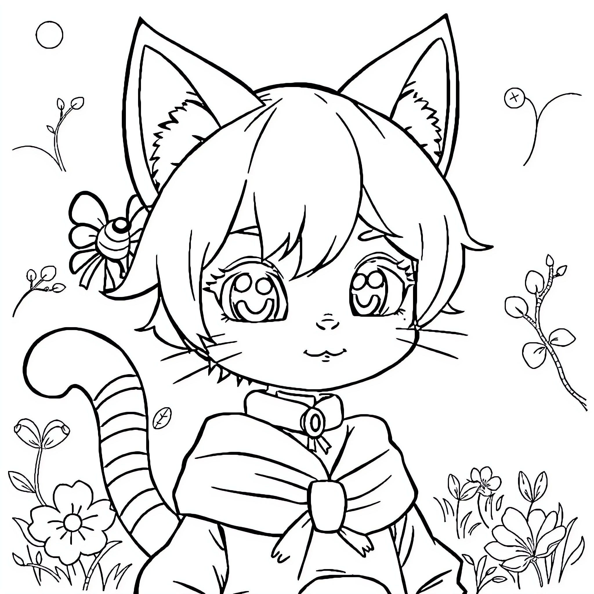 Maomao's Whimsical Flower Adventure Coloring Page (free black-and-white line drawing printable PDF for all, from beginners to advanced learners, including children, teens, adults, and seniors)