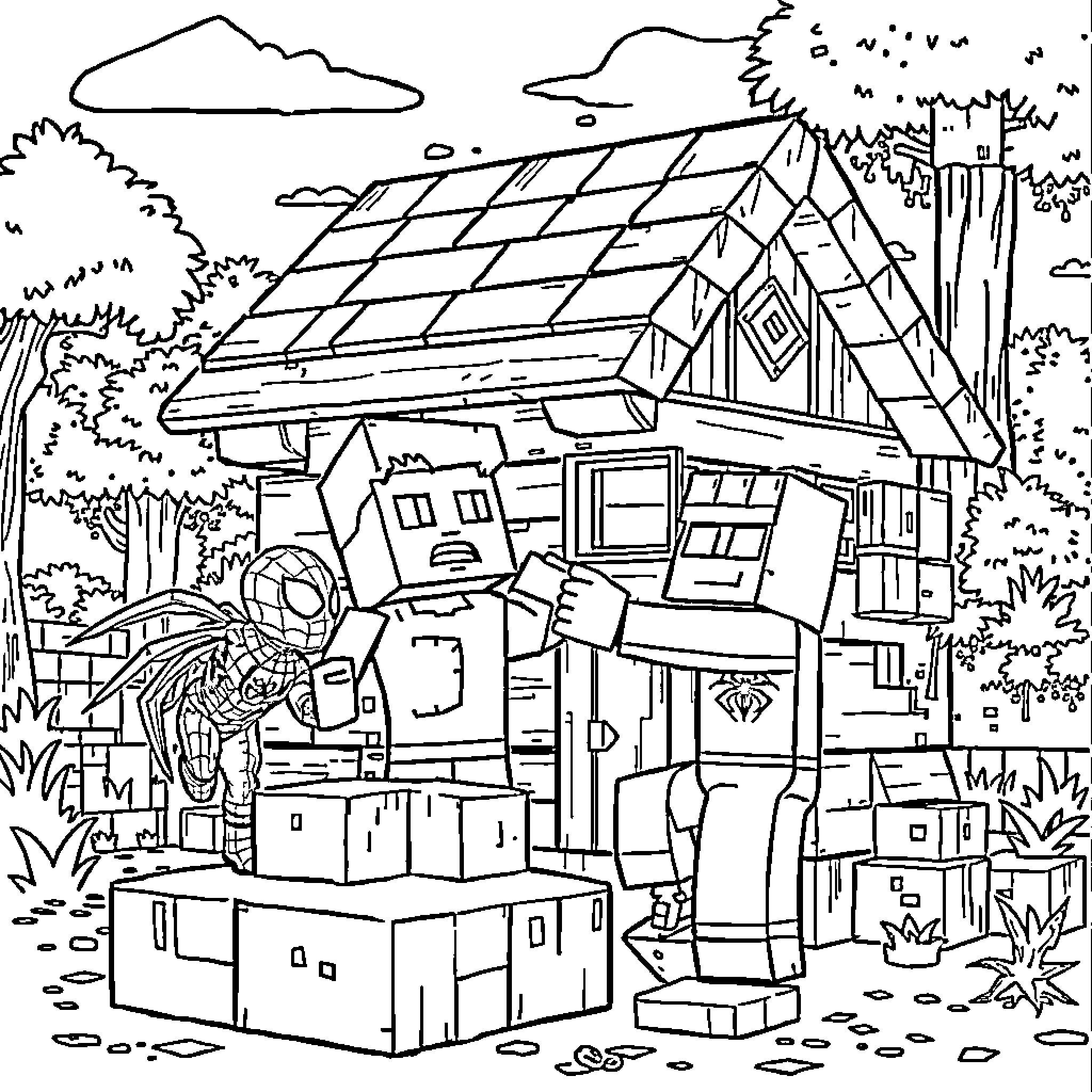 Minecraft Steve's Woodland Cabin Hideaway Coloring Page (free black-and-white line drawing printable PDF for all, from beginners to advanced learners, including children, teens, adults, and seniors)