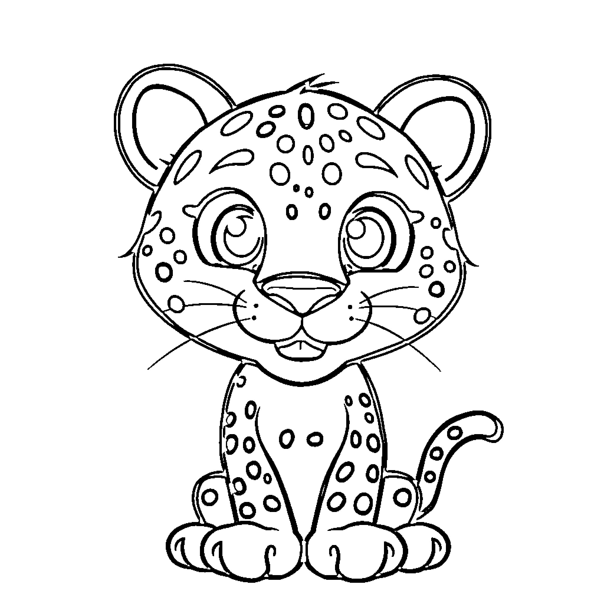 Leopard cub with cute expression Coloring Page (free black-and-white line drawing printable PDF for all, from beginners to advanced learners, including children, teens, adults, and seniors)